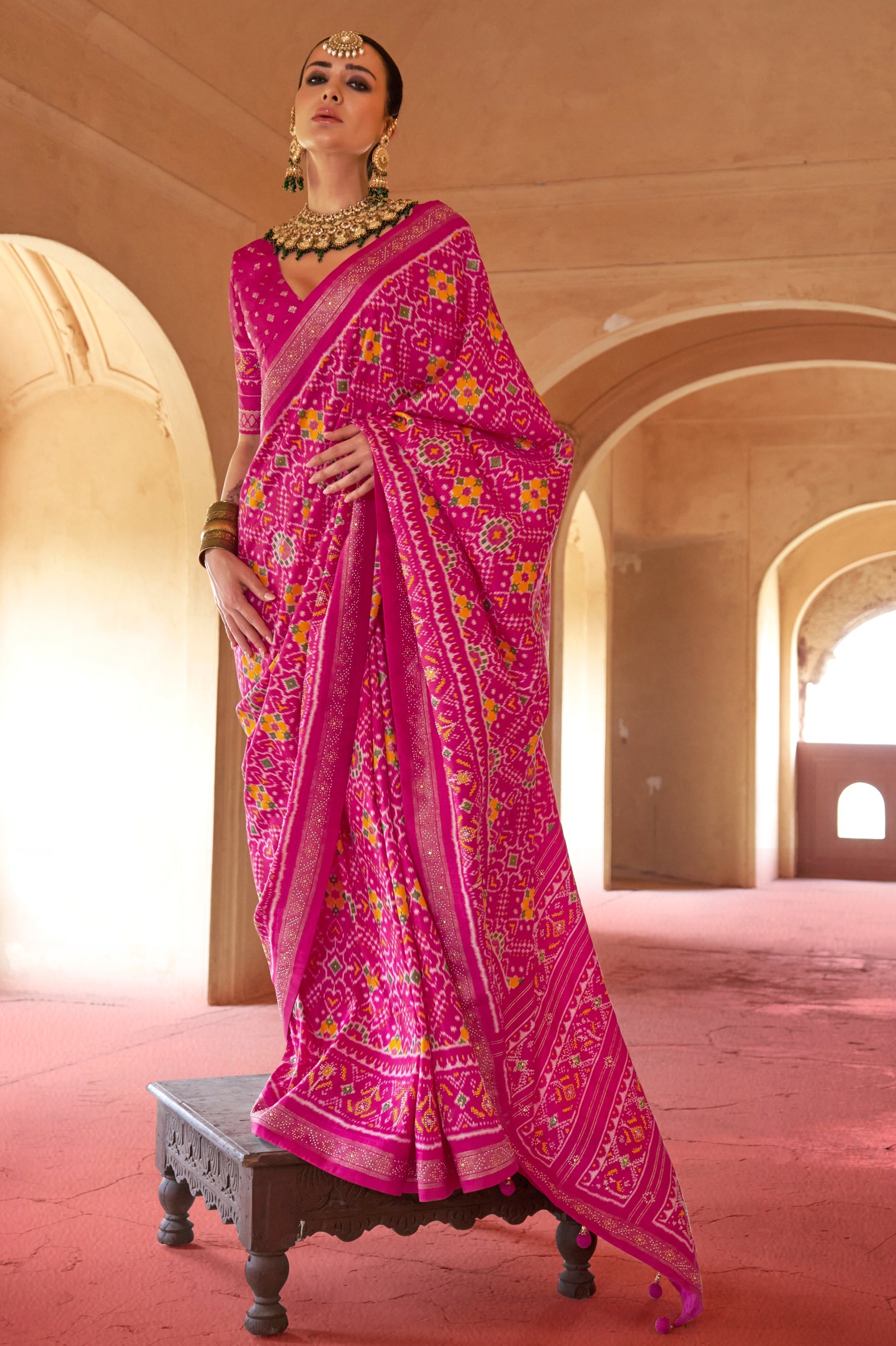 Rani Pink Printed Viscose Silk Patola Saree-SAR10195_1_SareeButa.com