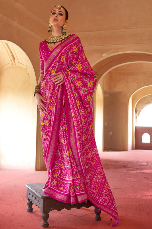 Rani Pink Printed Viscose Silk Patola Saree-SAR10195_1_SareeButa.com