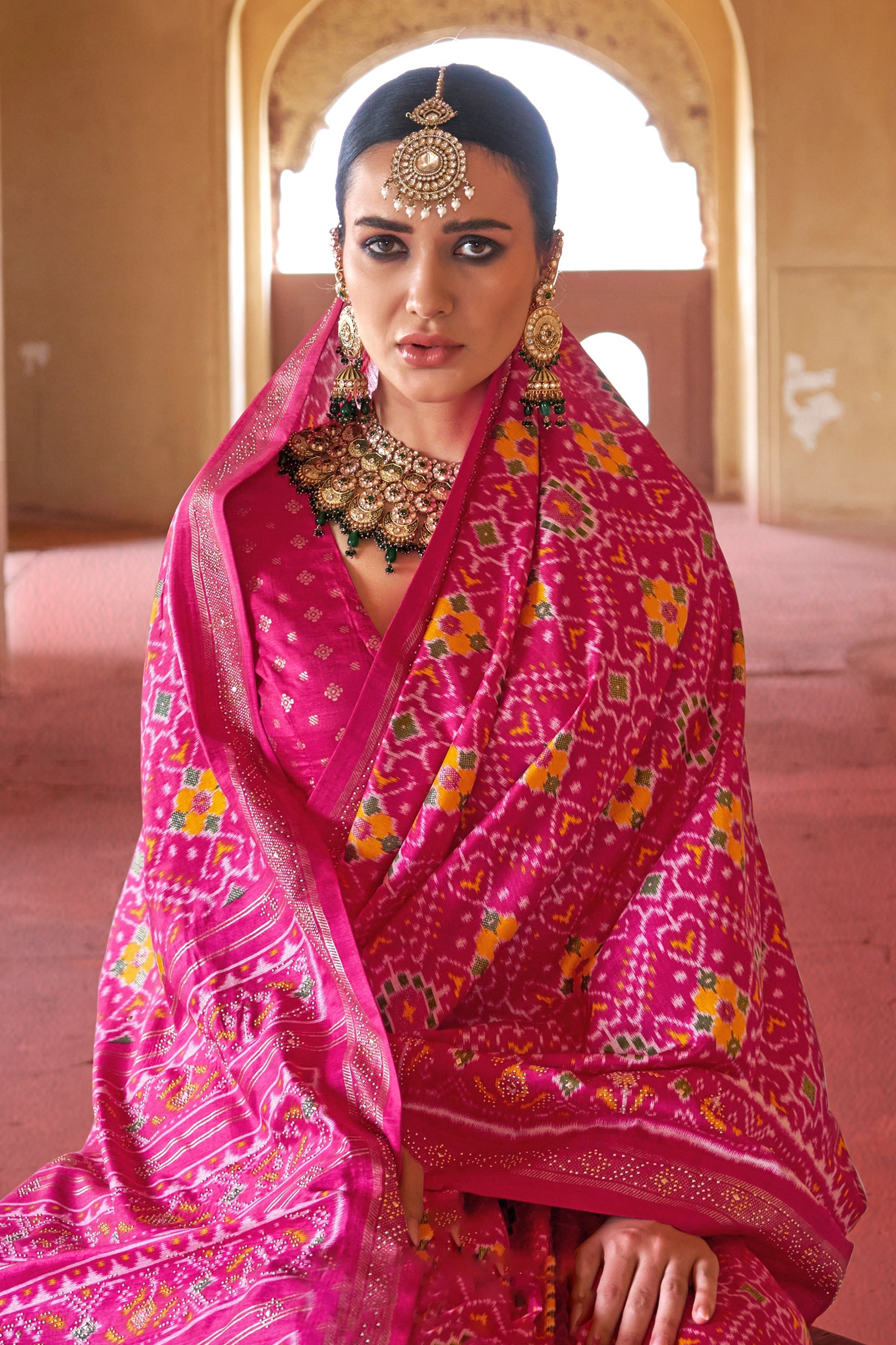Rani Pink Printed Viscose Silk Patola Saree-SAR10195_2_SareeButa.com