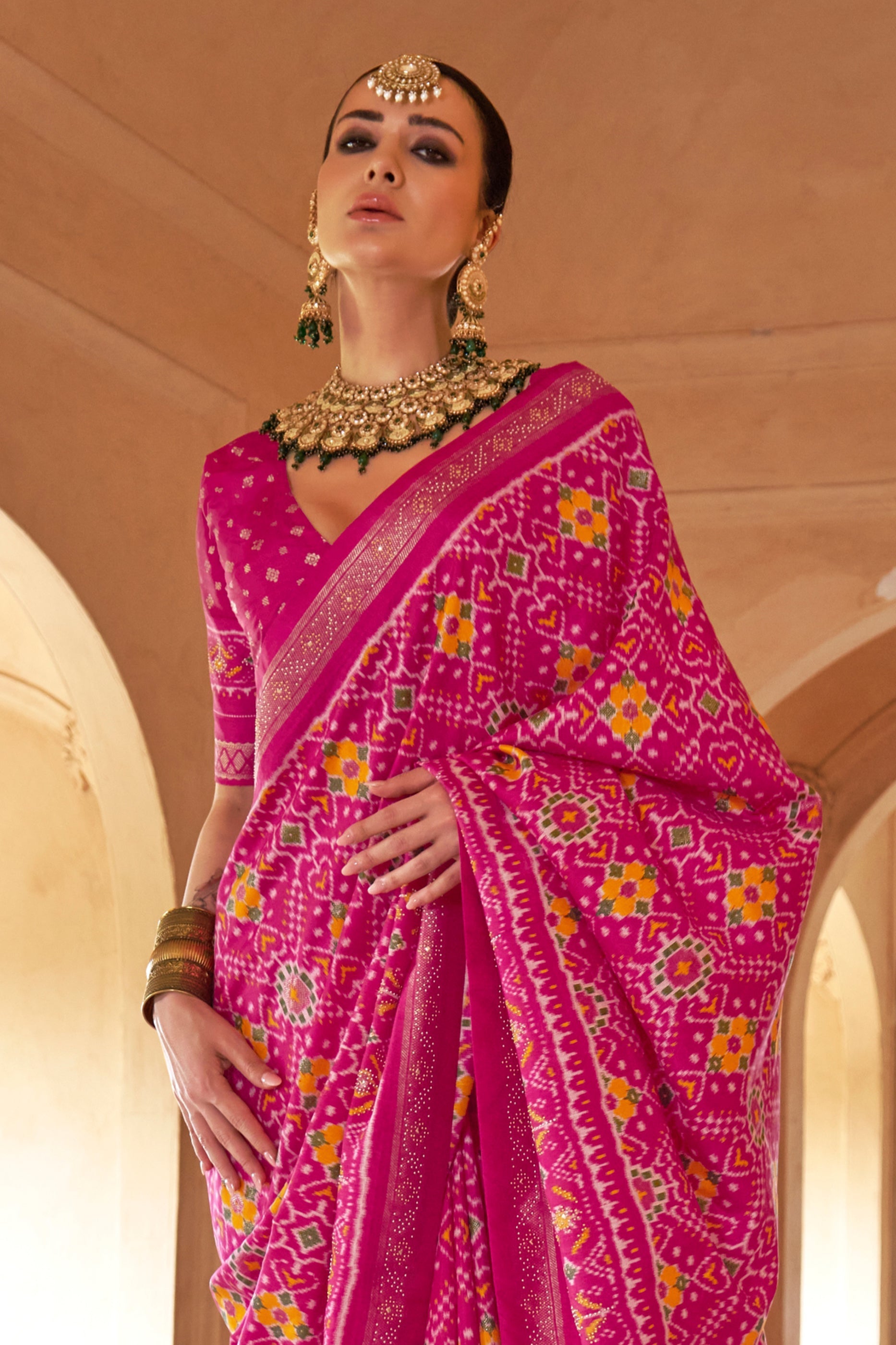 Rani Pink Printed Viscose Silk Patola Saree-SAR10195_3_SareeButa.com