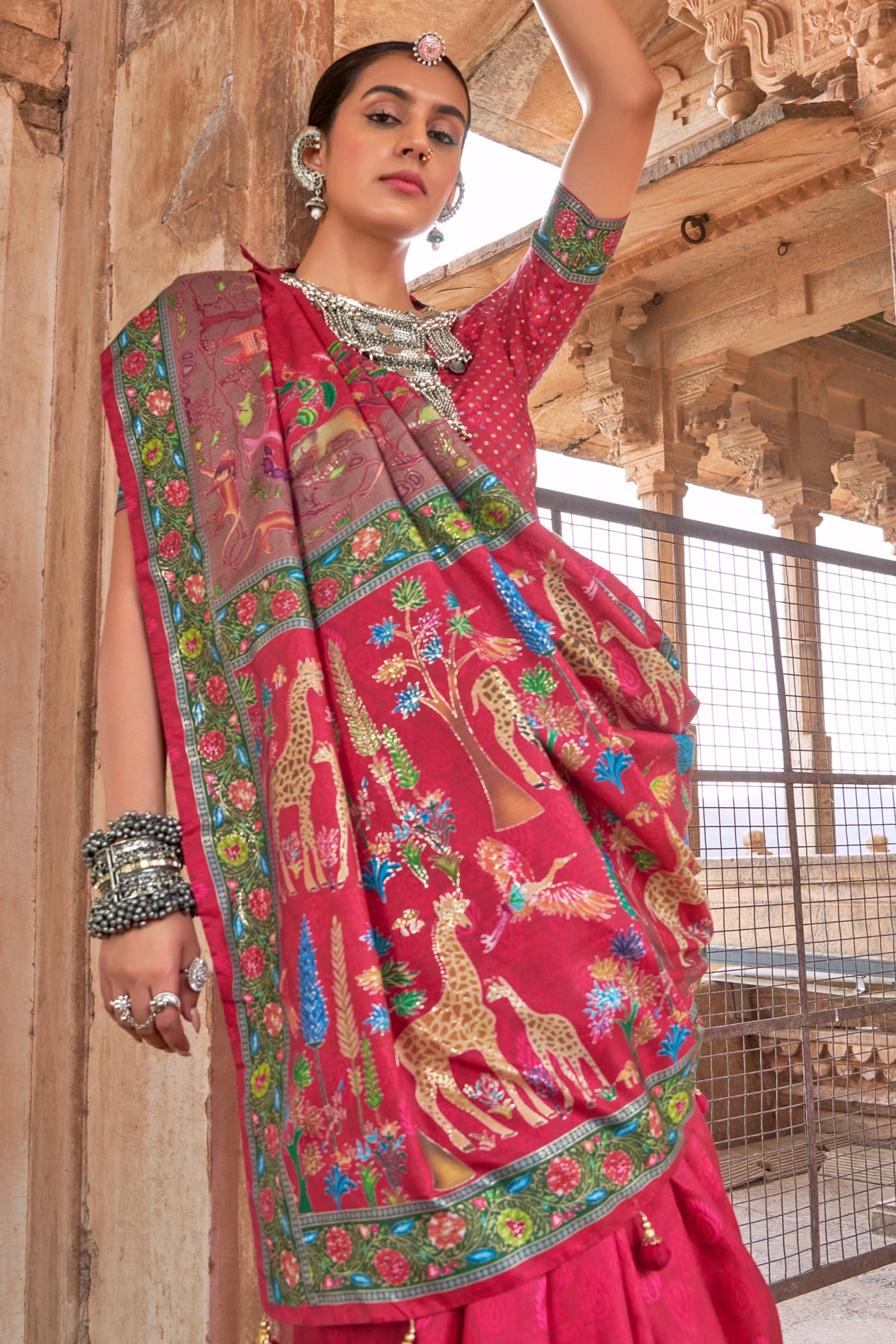 Rani Pink Printed Viscose Silk Saree-SAR10411_2_SareeButa.com