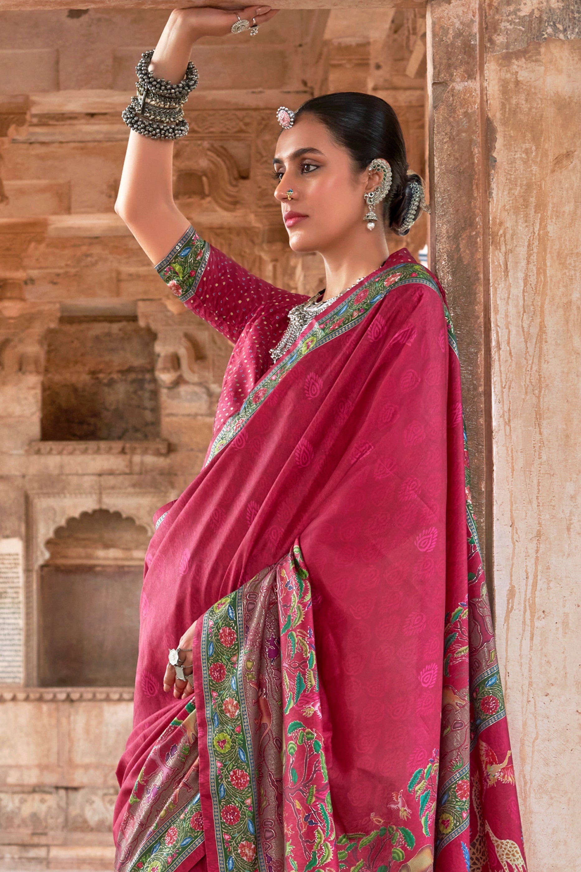 Rani Pink Printed Viscose Silk Saree-SAR10411_3_SareeButa.com