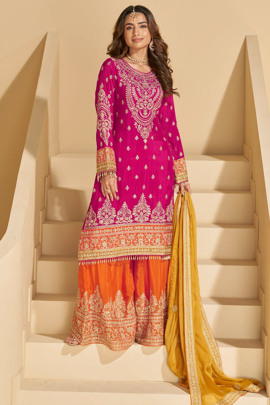 Rani Pink Readymade Embroidered Chinnon Silk Suit-SAR10675_1_SareeButa.com