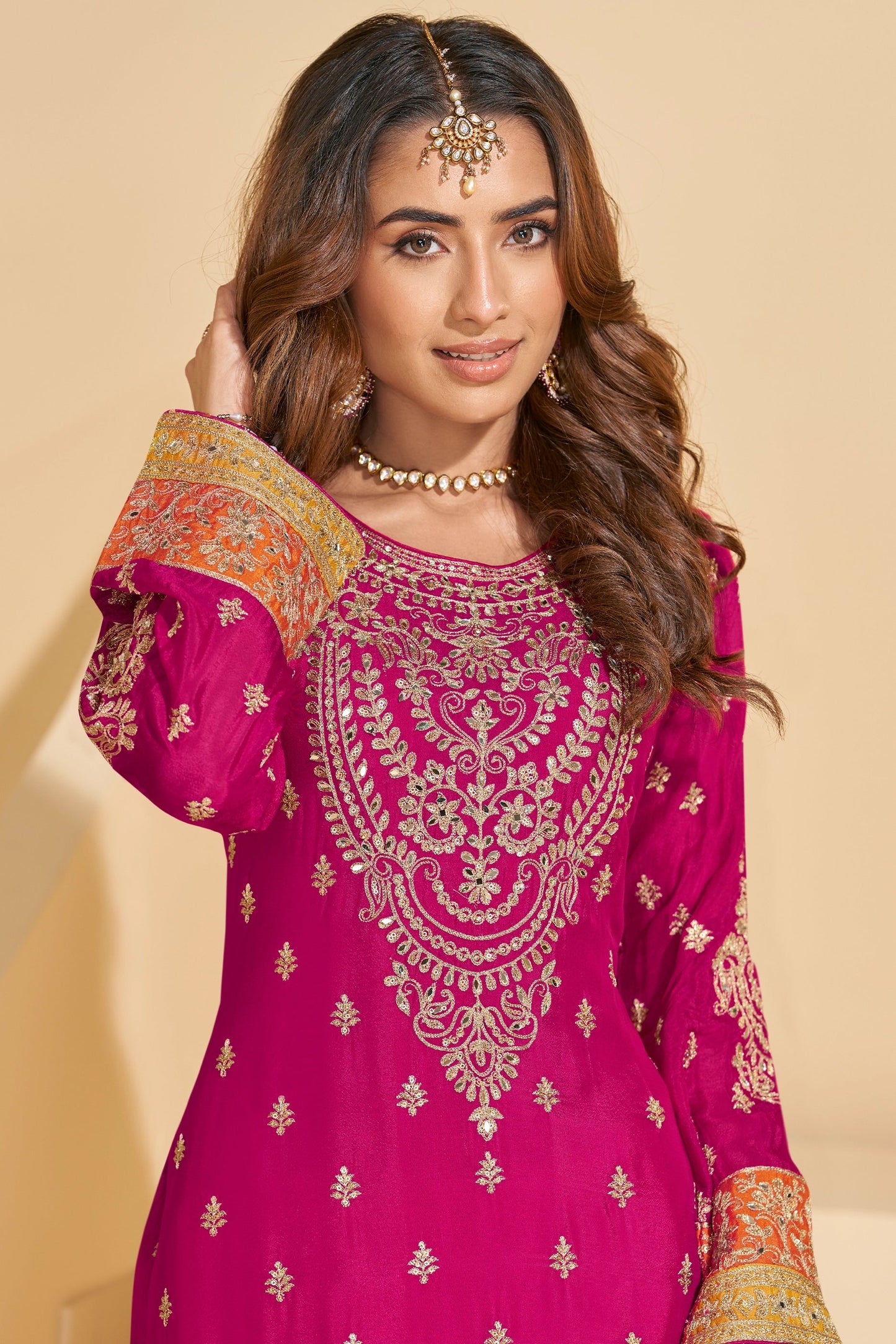 Rani Pink Readymade Embroidered Chinnon Silk Suit-SAR10675_3_SareeButa.com
