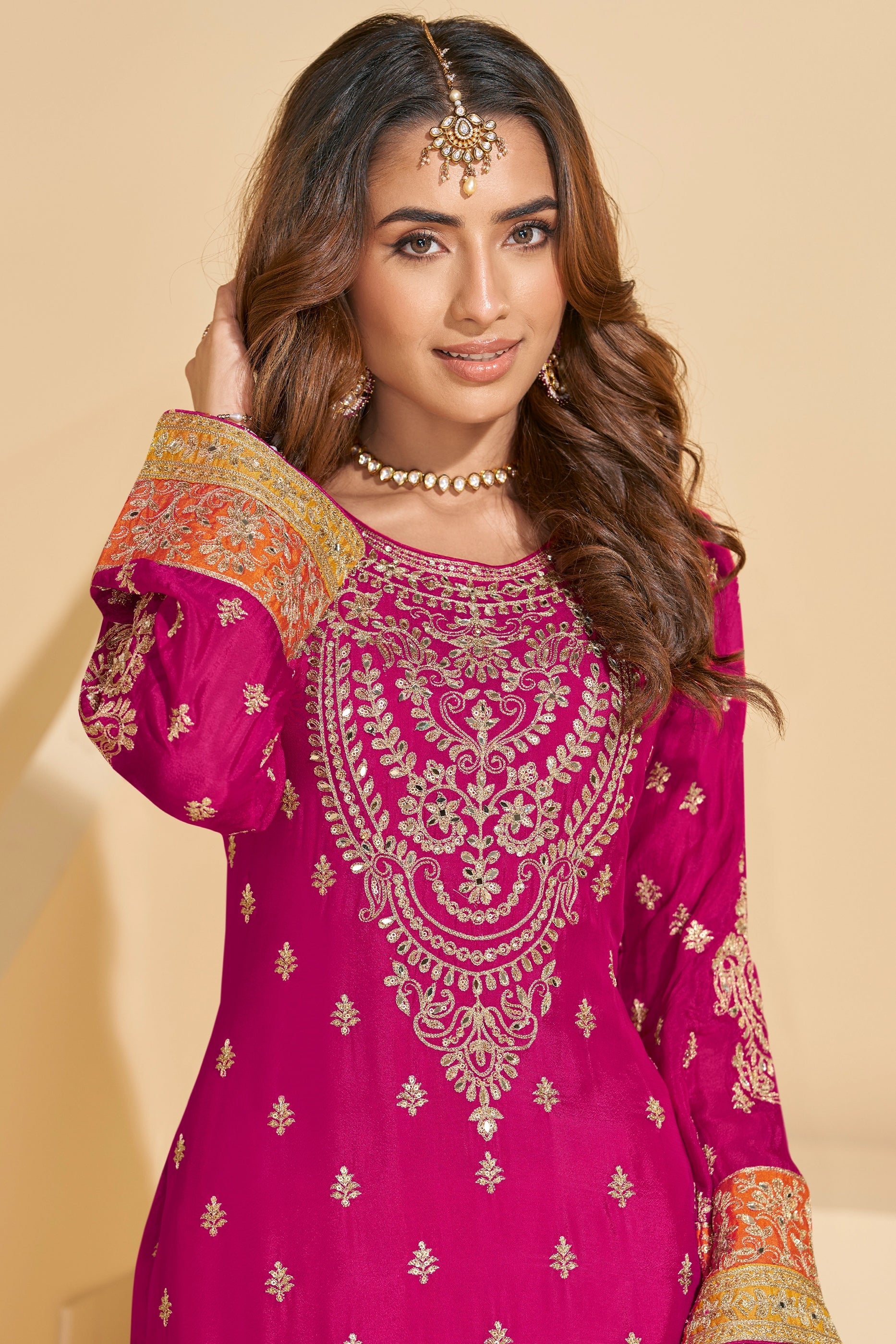 Rani Pink Readymade Embroidered Chinnon Silk Suit-SAR10675_3_SareeButa.com