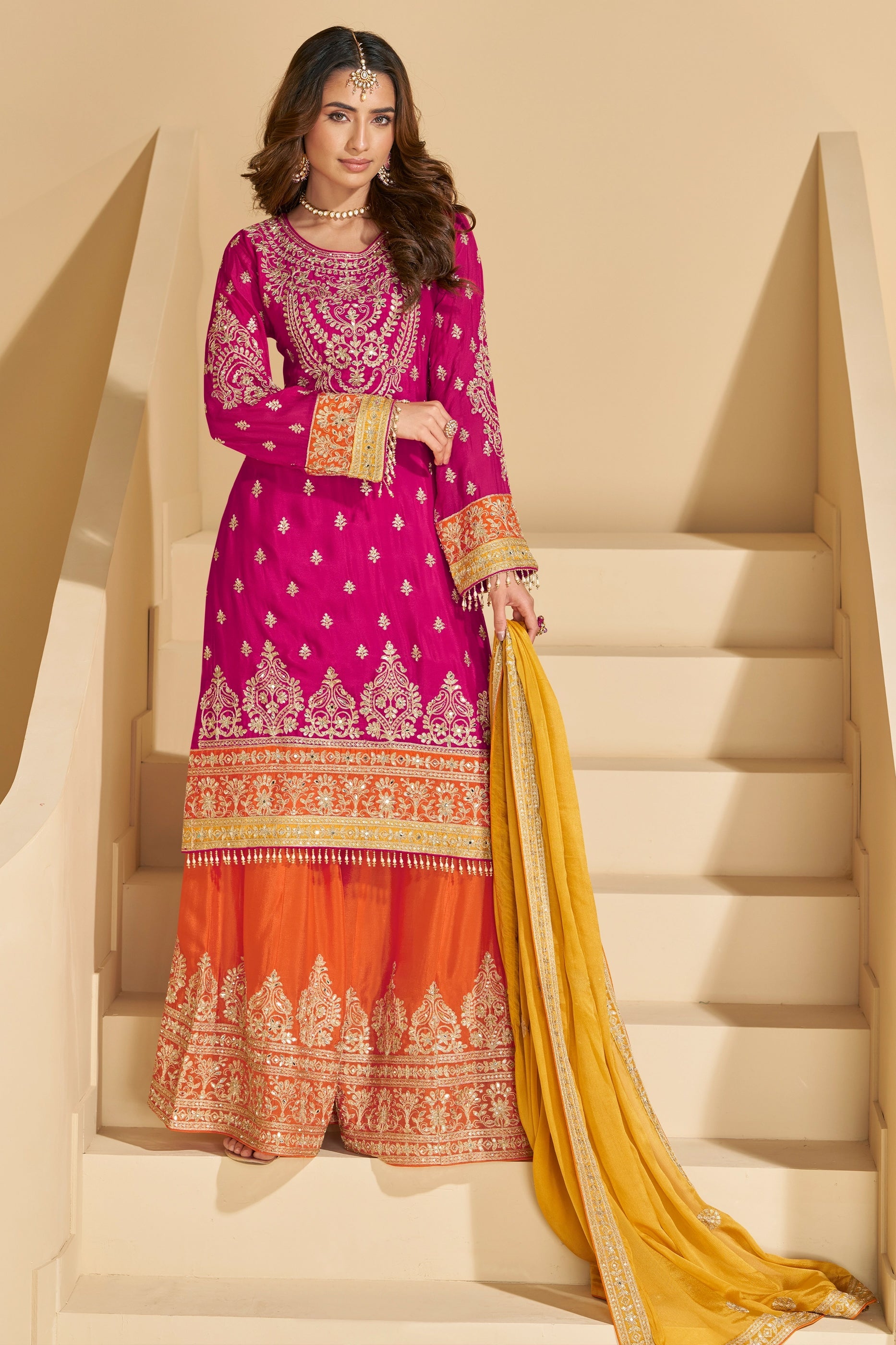 Rani Pink Readymade Embroidered Chinnon Silk Suit-SAR10675_4_SareeButa.com