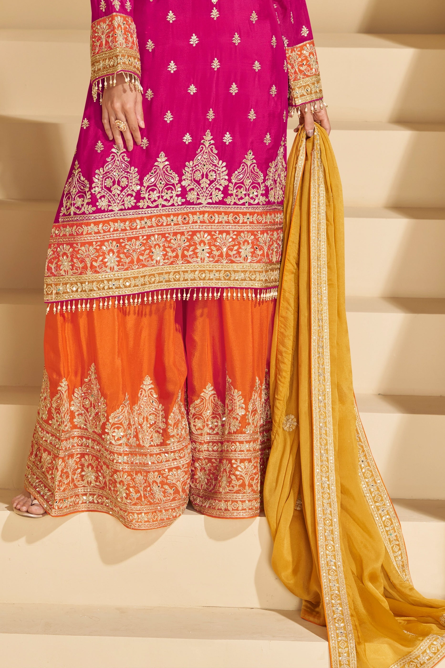 Rani Pink Readymade Embroidered Chinnon Silk Suit-SAR10675_5_SareeButa.com