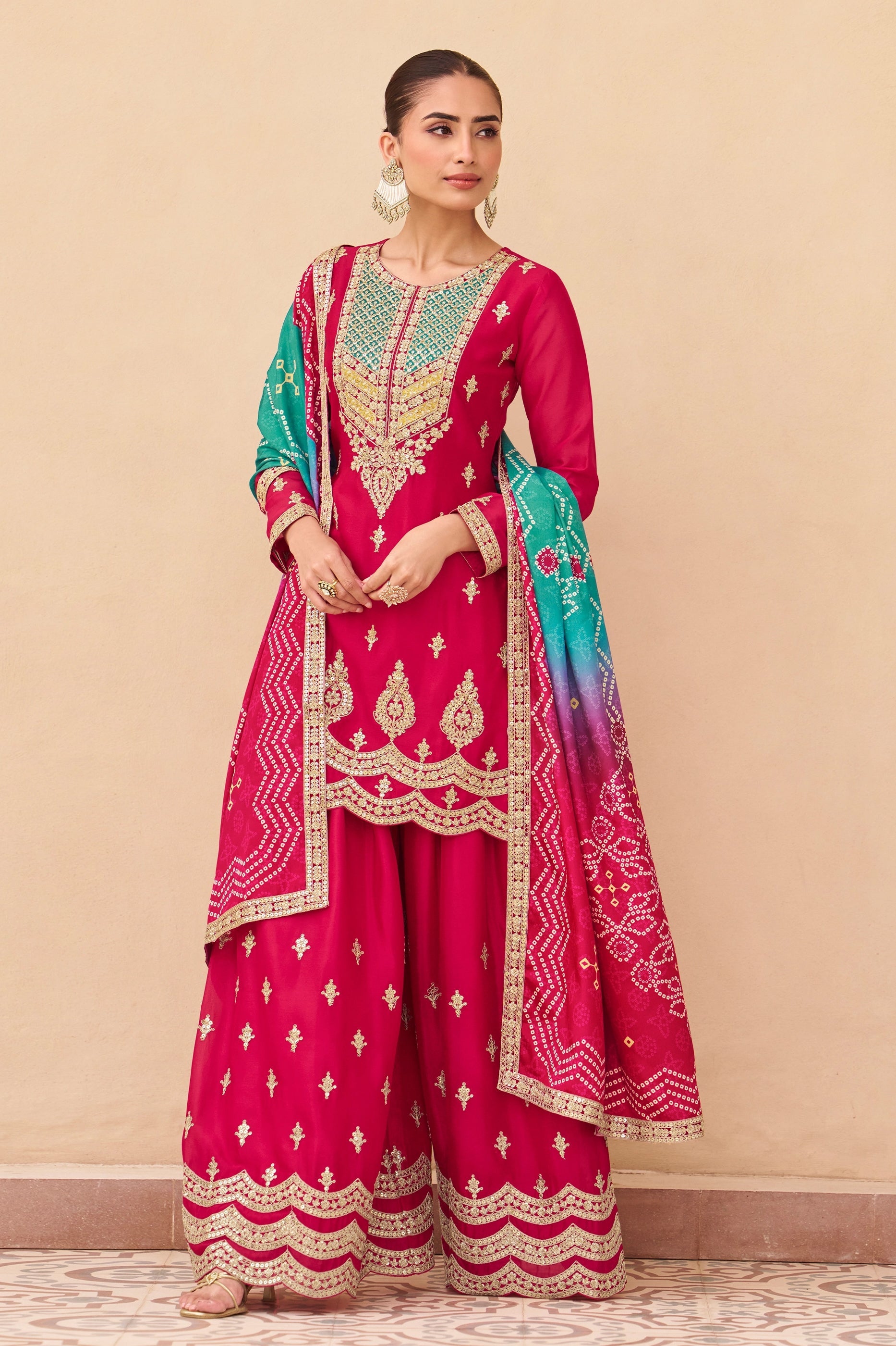 Rani Pink Readymade Embroidered Chinon Palazzo Suit-SAR10911_1_SareeButa.com