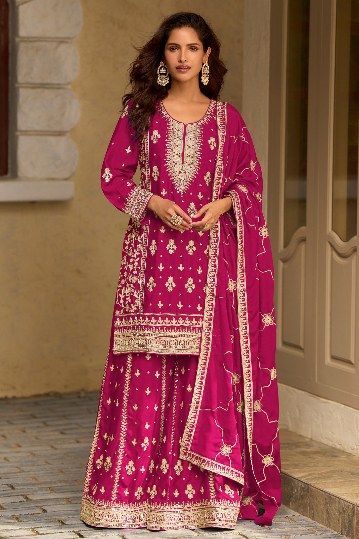 Rani Pink Readymade Embroidered Chinon Silk Suit-SAR13087_1_SareeButa.com