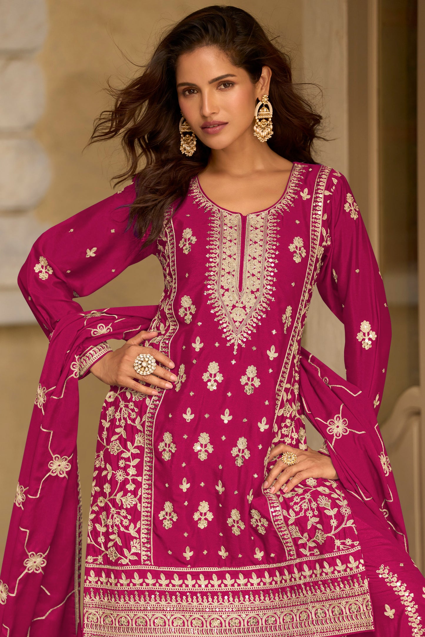 Rani Pink Readymade Embroidered Chinon Silk Suit-SAR13087_2_SareeButa.com