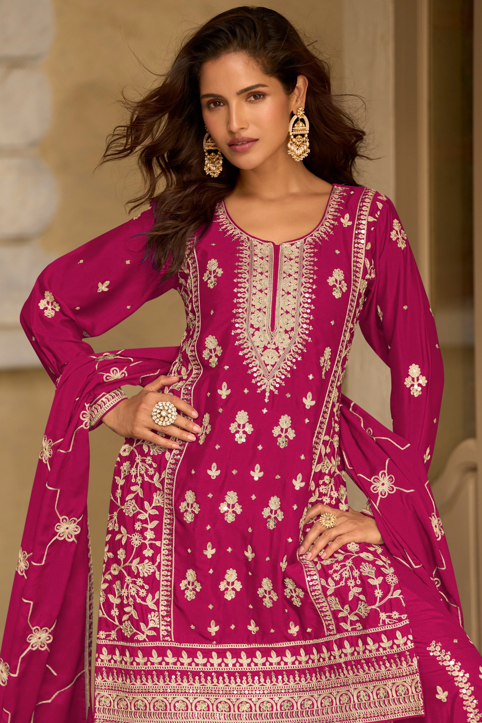 Rani Pink Readymade Embroidered Chinon Silk Suit-SAR13087_2_SareeButa.com