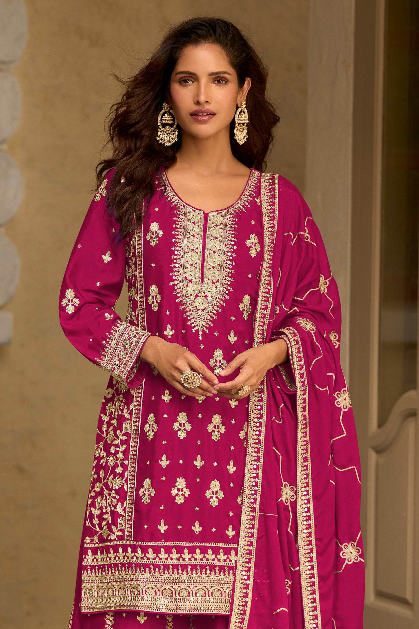 Rani Pink Readymade Embroidered Chinon Silk Suit-SAR13087_3_SareeButa.com