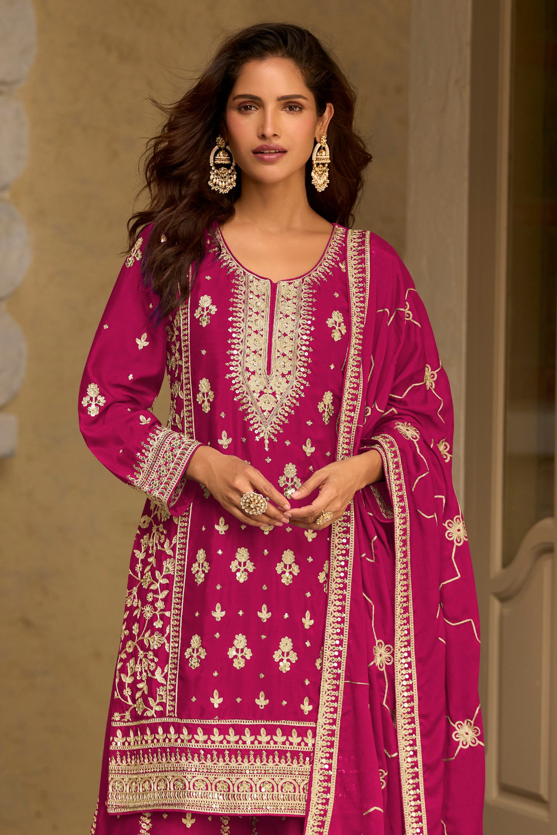 Rani Pink Readymade Embroidered Chinon Silk Suit-SAR13087_3_SareeButa.com