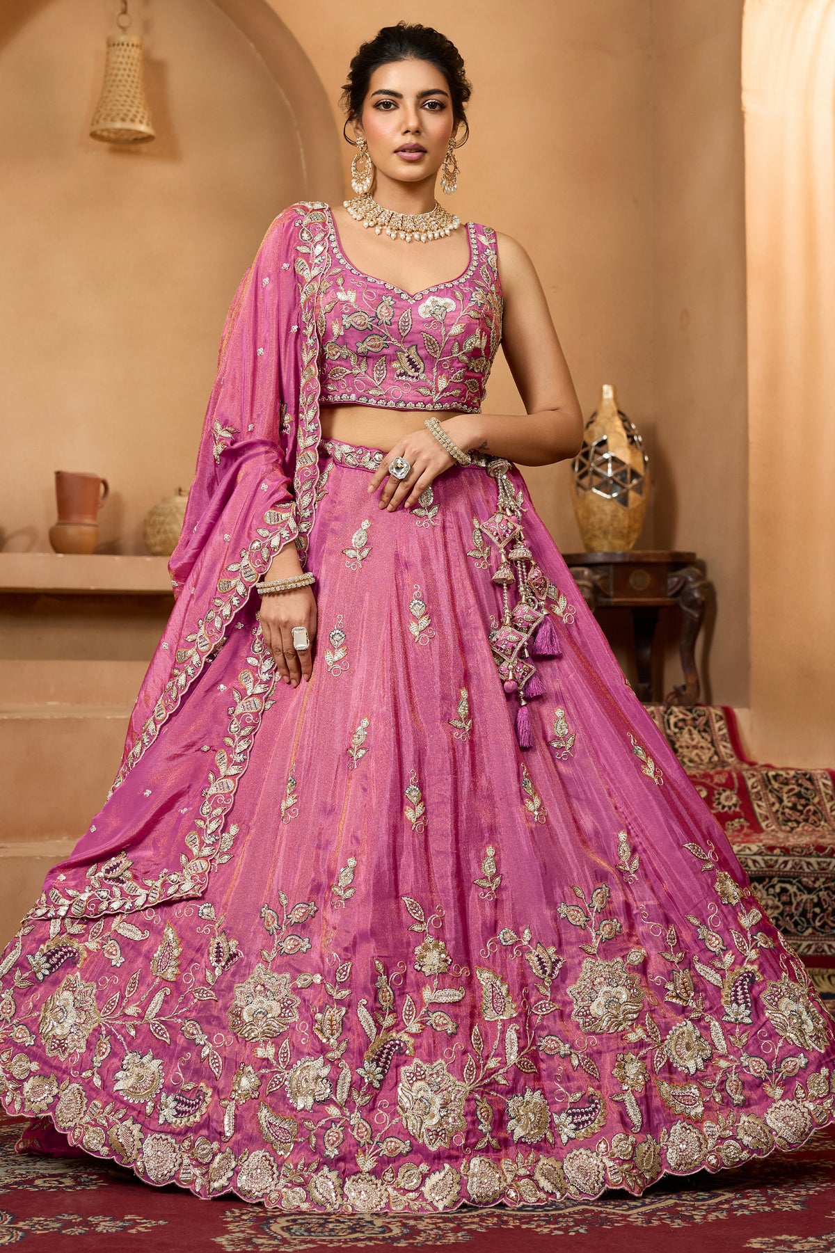 Rani Pink Readymade Embroidered Tissue Lehenga-SAR12868_1_SareeButa.com
