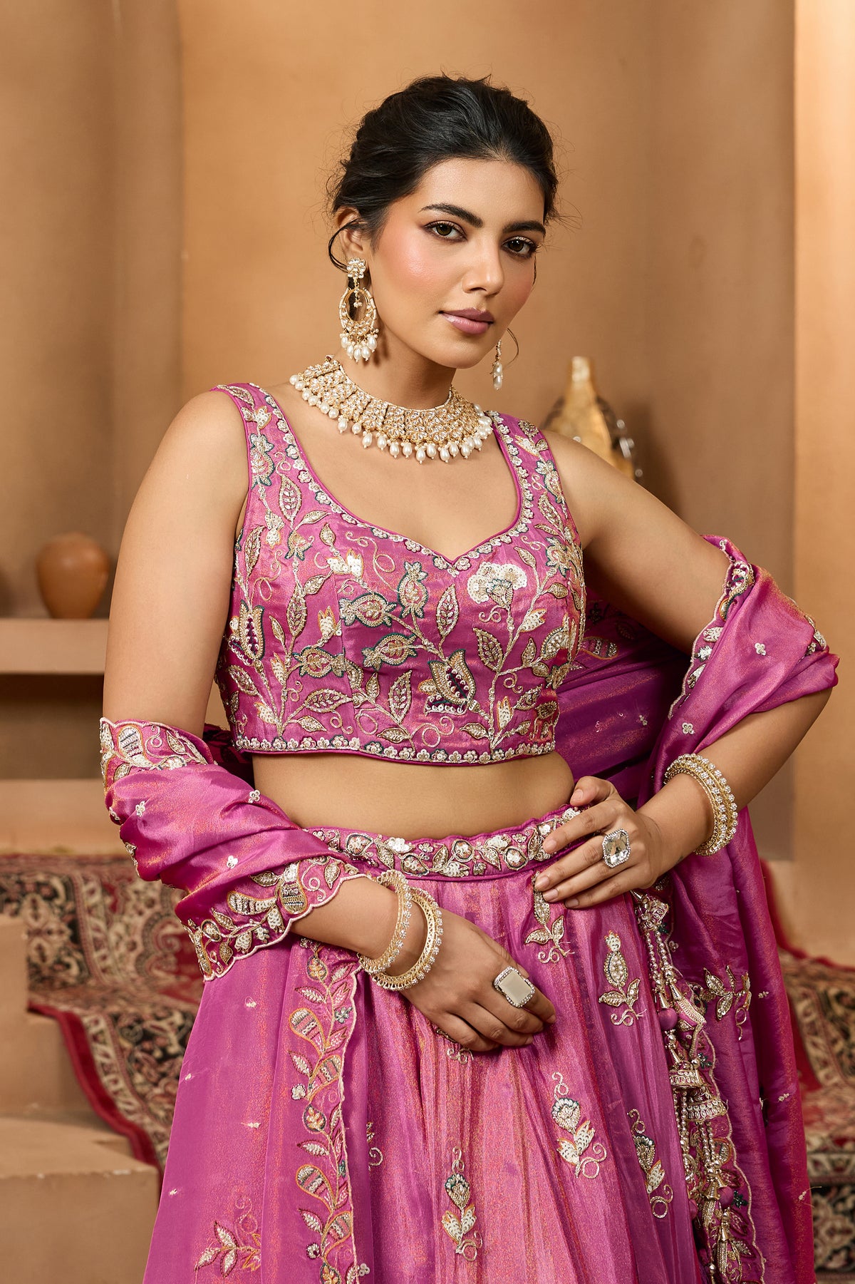 Rani Pink Readymade Embroidered Tissue Lehenga-SAR12868_2_SareeButa.com