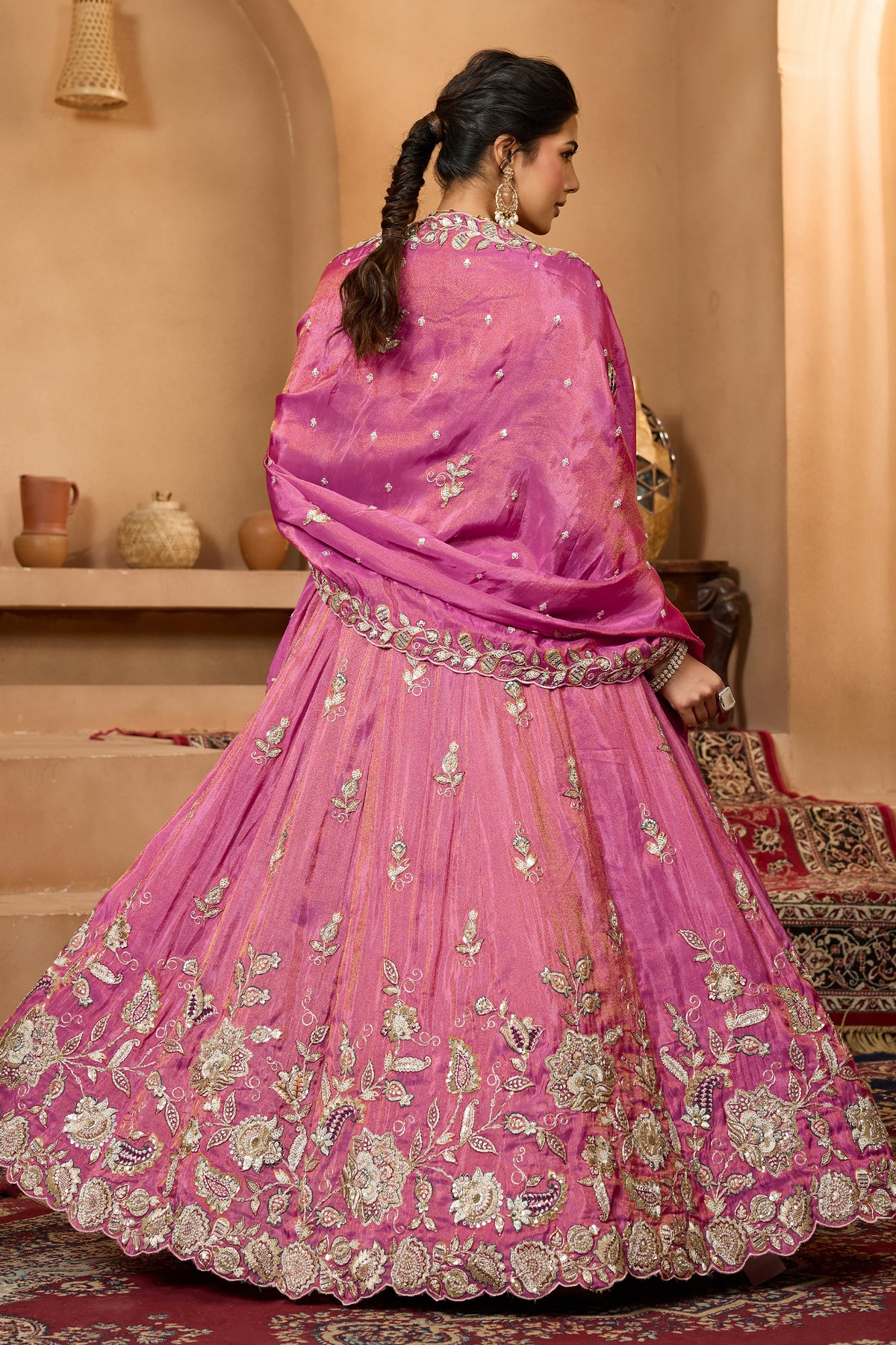 Rani Pink Readymade Embroidered Tissue Lehenga-SAR12868_3_SareeButa.com