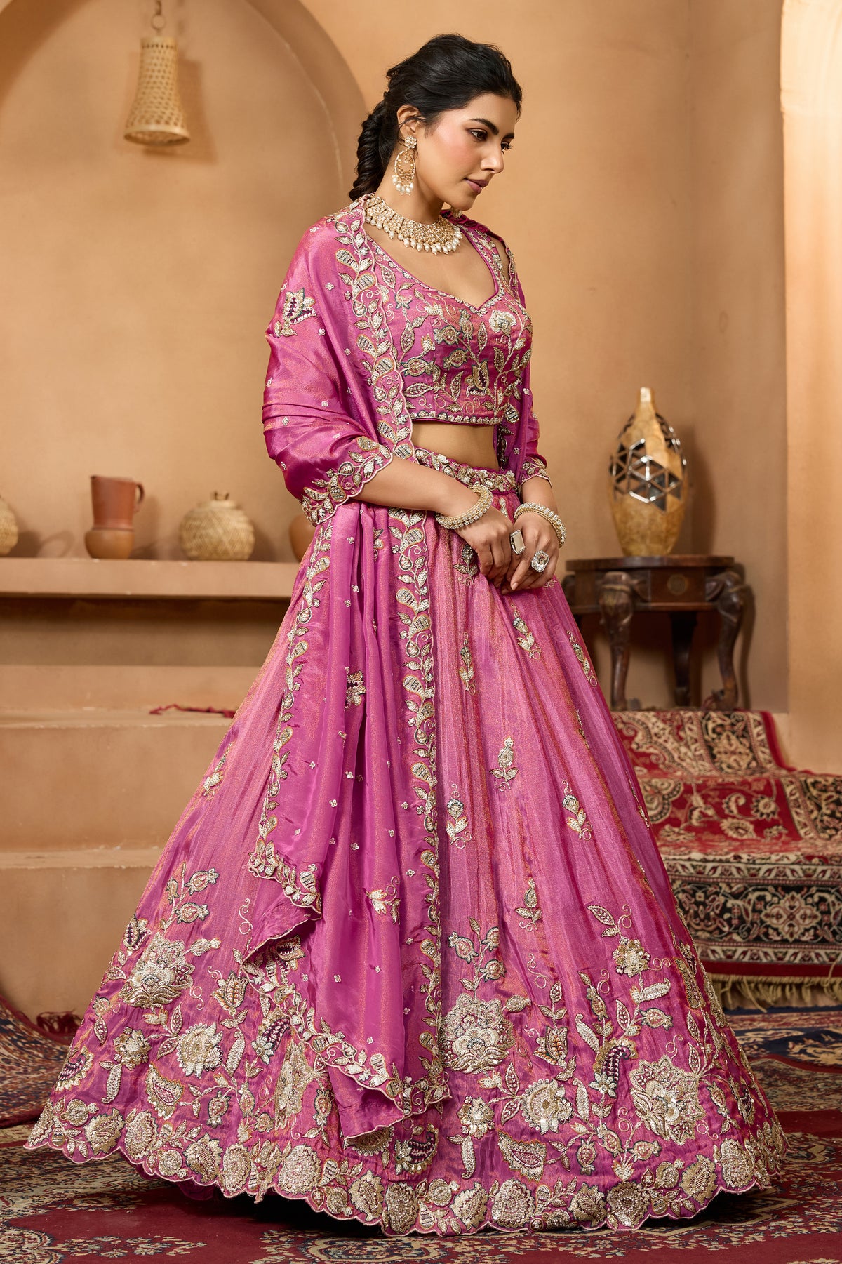 Rani Pink Readymade Embroidered Tissue Lehenga-SAR12868_5_SareeButa.com