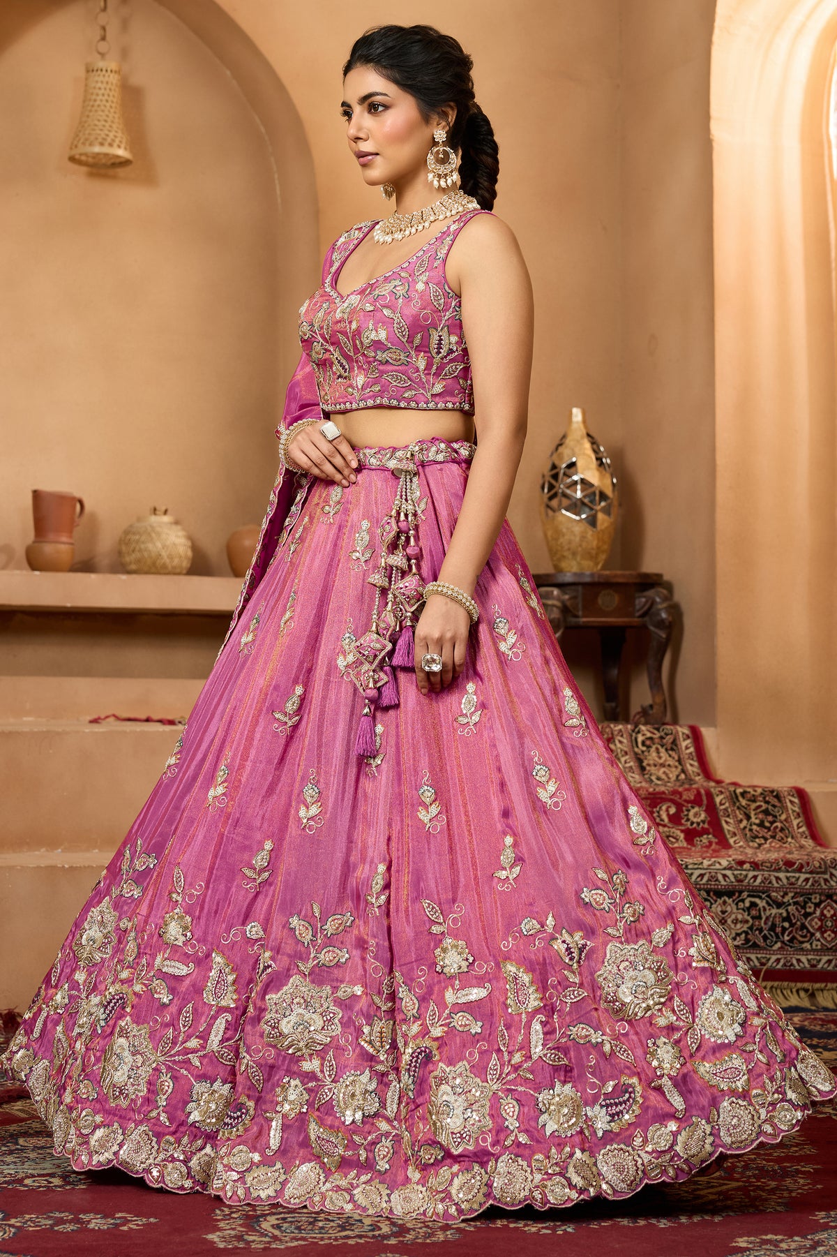 Rani Pink Readymade Embroidered Tissue Lehenga-SAR12868_6_SareeButa.com