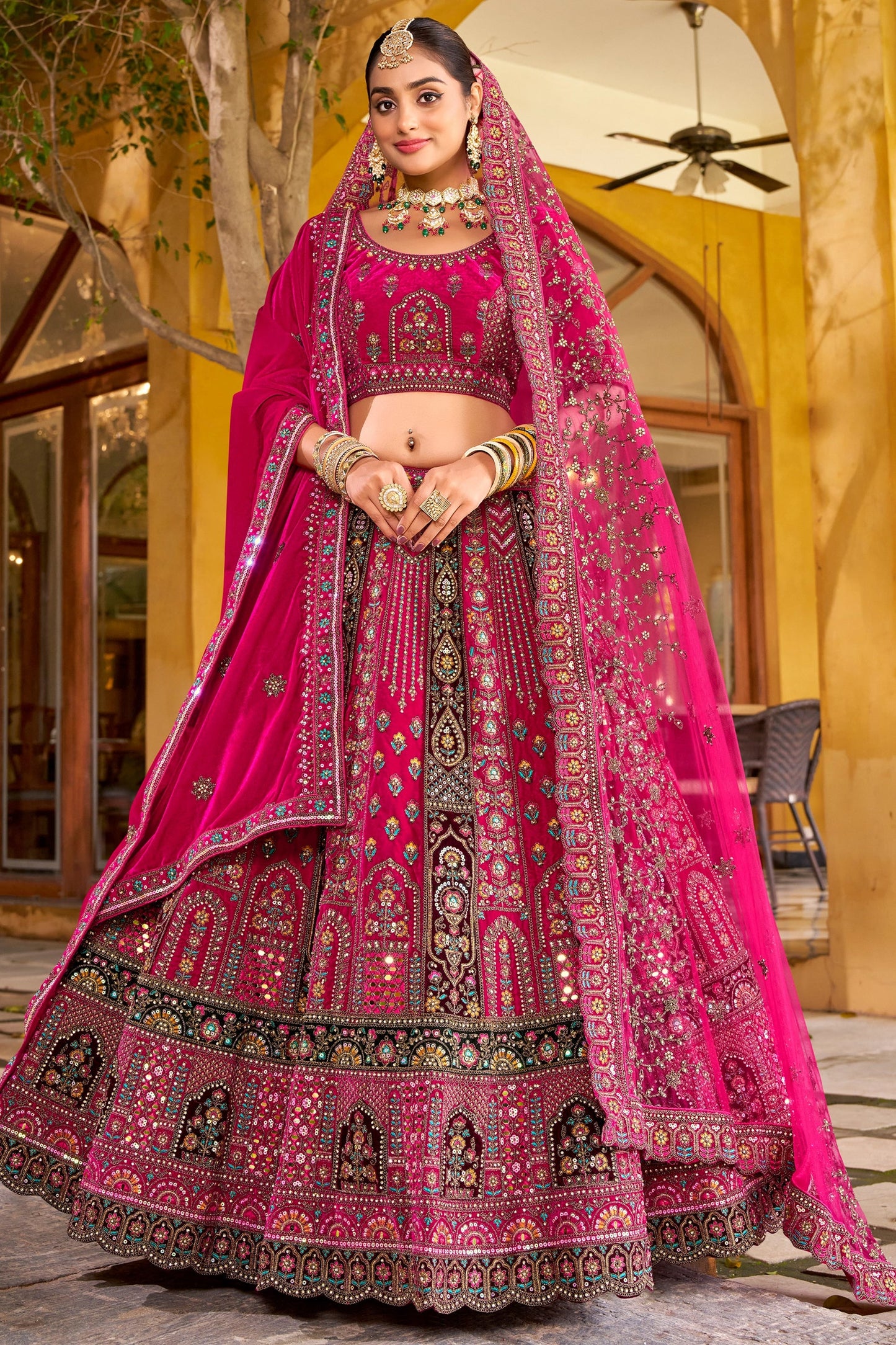 Rani Pink Readymade Heavy Work Velvet Lehenga-SAR10463_1_SareeButa.com
