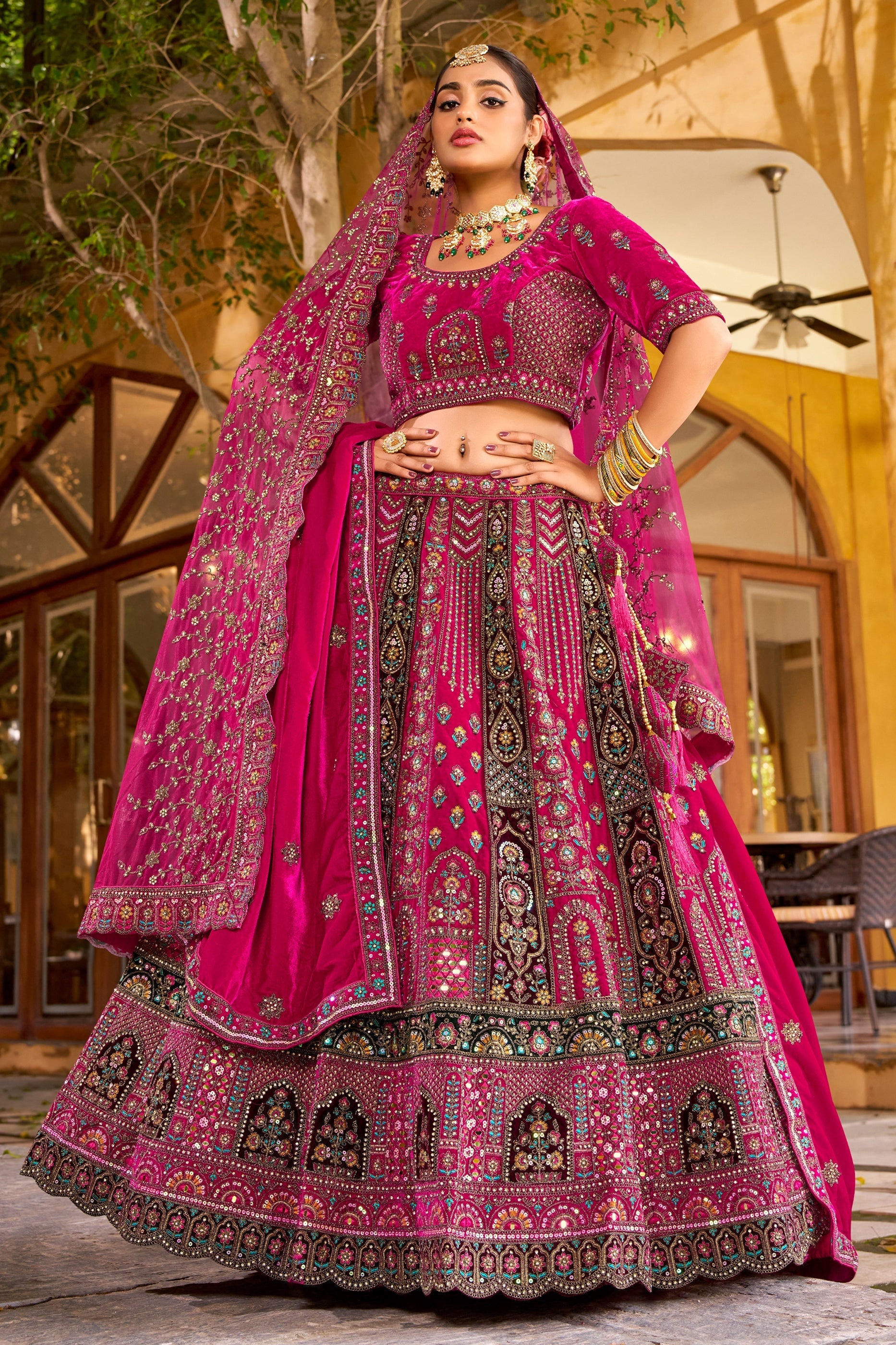 Rani Pink Readymade Heavy Work Velvet Lehenga-SAR10463_4_SareeButa.com