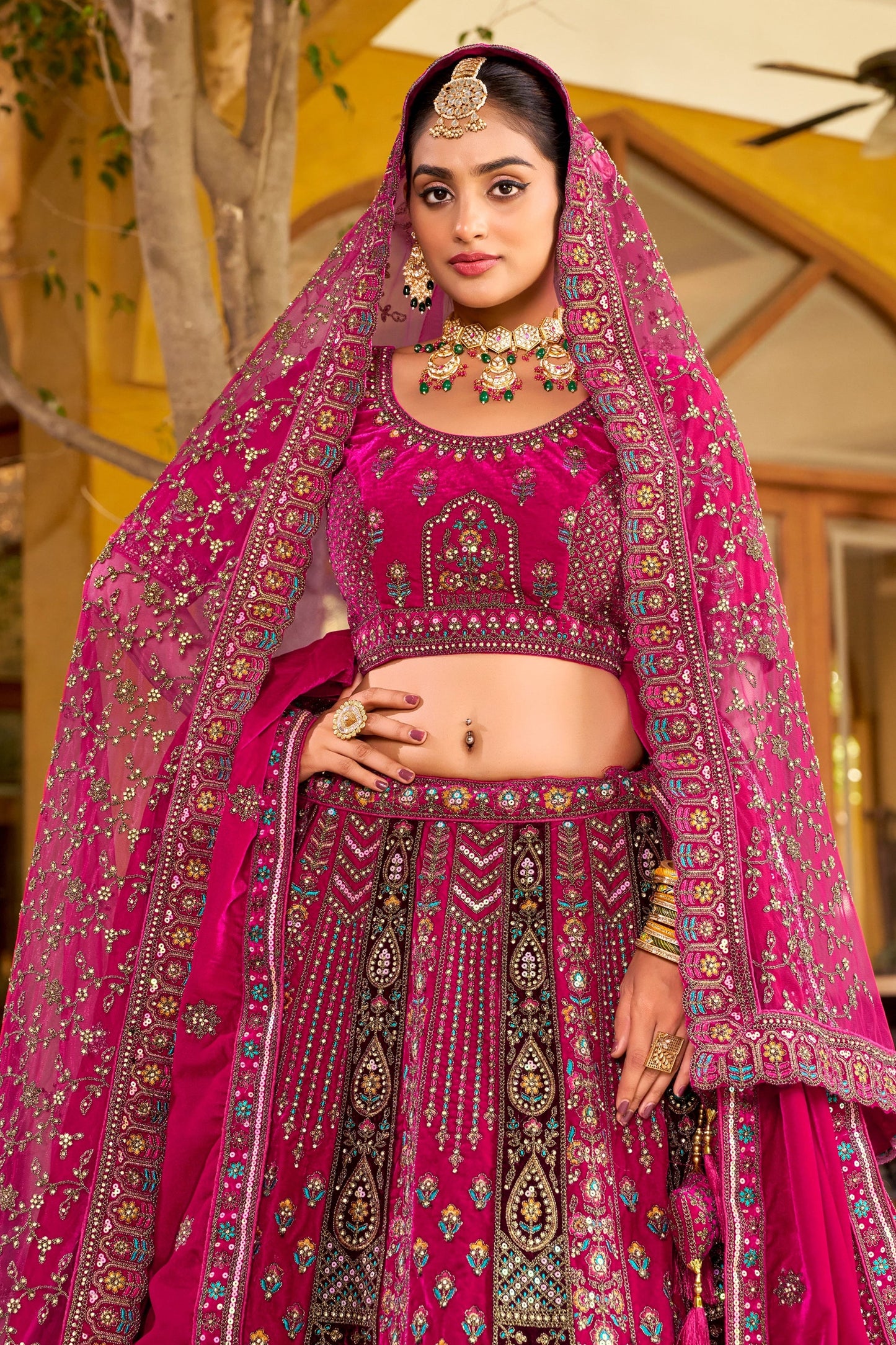 Rani Pink Readymade Heavy Work Velvet Lehenga-SAR10463_5_SareeButa.com