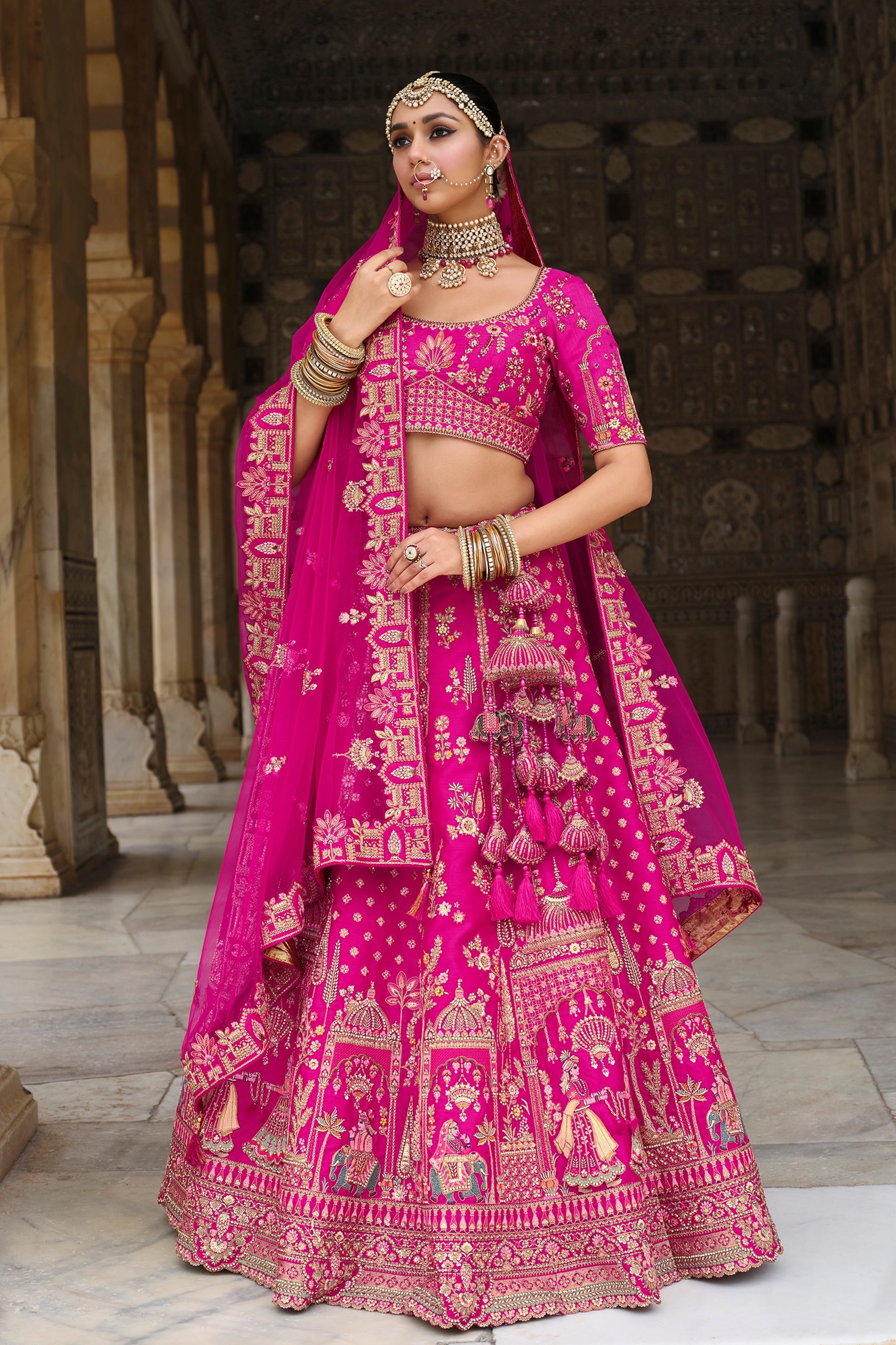 Rani Pink Semi-Stitched Embroidered Silk Lehenga-SAR10538_1_SareeButa.com