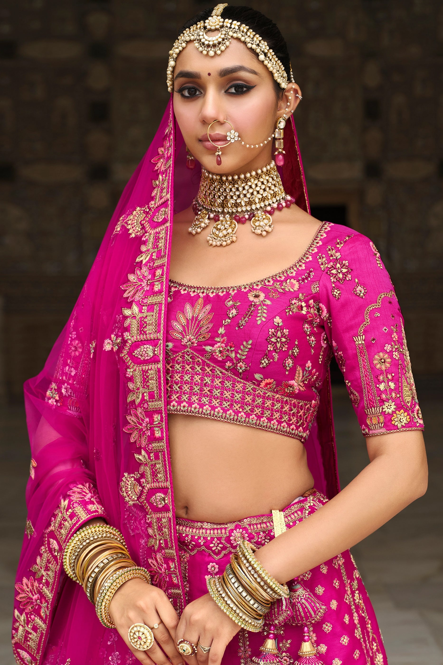 Rani Pink Semi-Stitched Embroidered Silk Lehenga-SAR10538_2_SareeButa.com