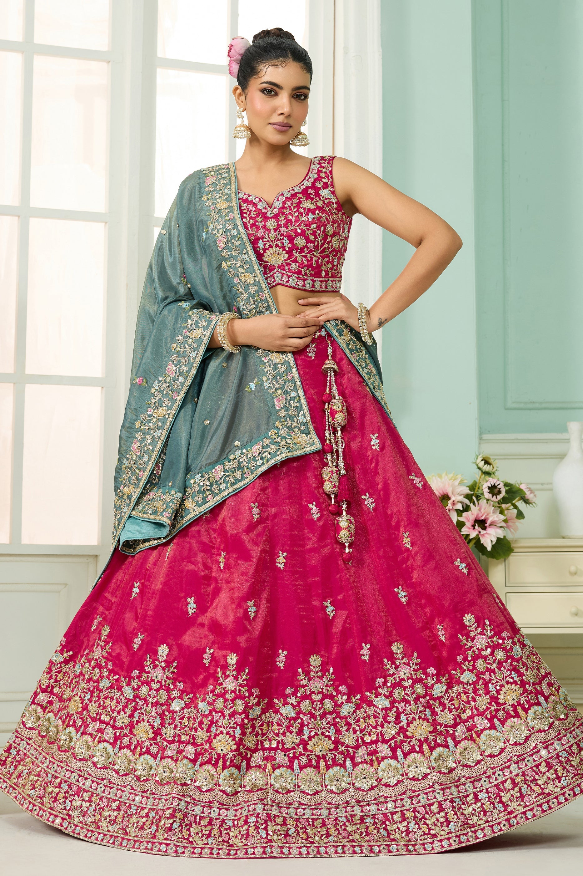 Rani Pink Semi-Stitched Embroidered Silk Lehenga-SAR10691_1_SareeButa.com