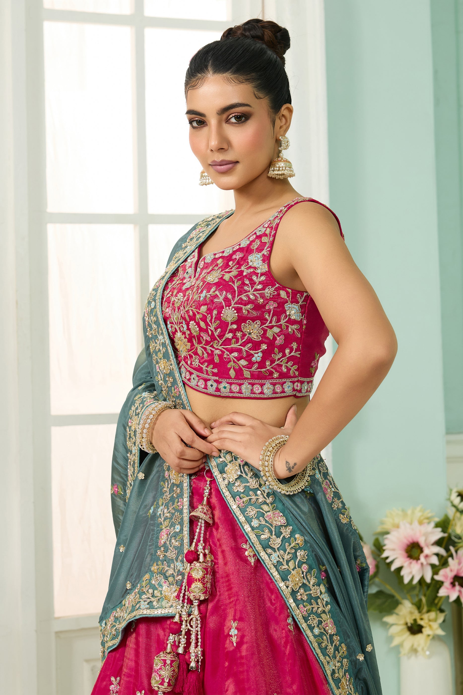 Rani Pink Semi-Stitched Embroidered Silk Lehenga-SAR10691_2_SareeButa.com