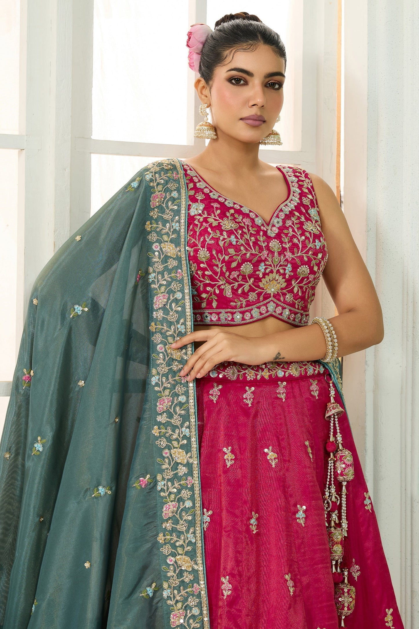 Rani Pink Semi-Stitched Embroidered Silk Lehenga-SAR10691_3_SareeButa.com
