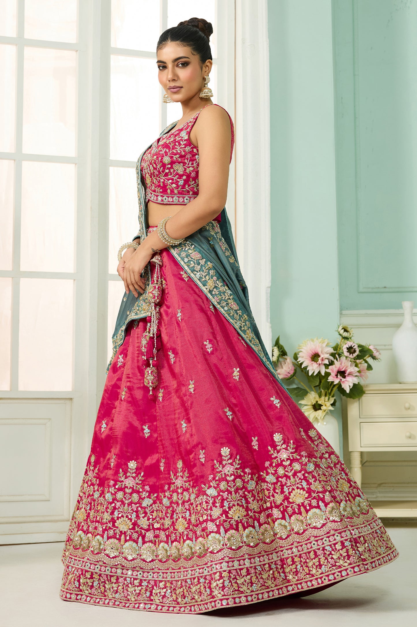 Rani Pink Semi-Stitched Embroidered Silk Lehenga