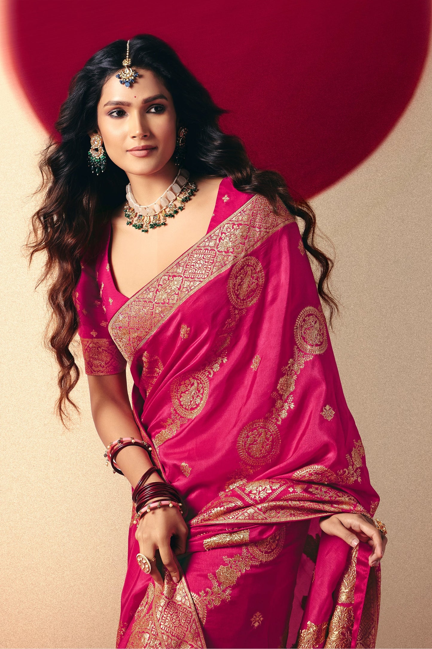 Rani Pink Woven Viscose Silk Saree With Brocade Blouse-SAR10247_2_SareeButa.com