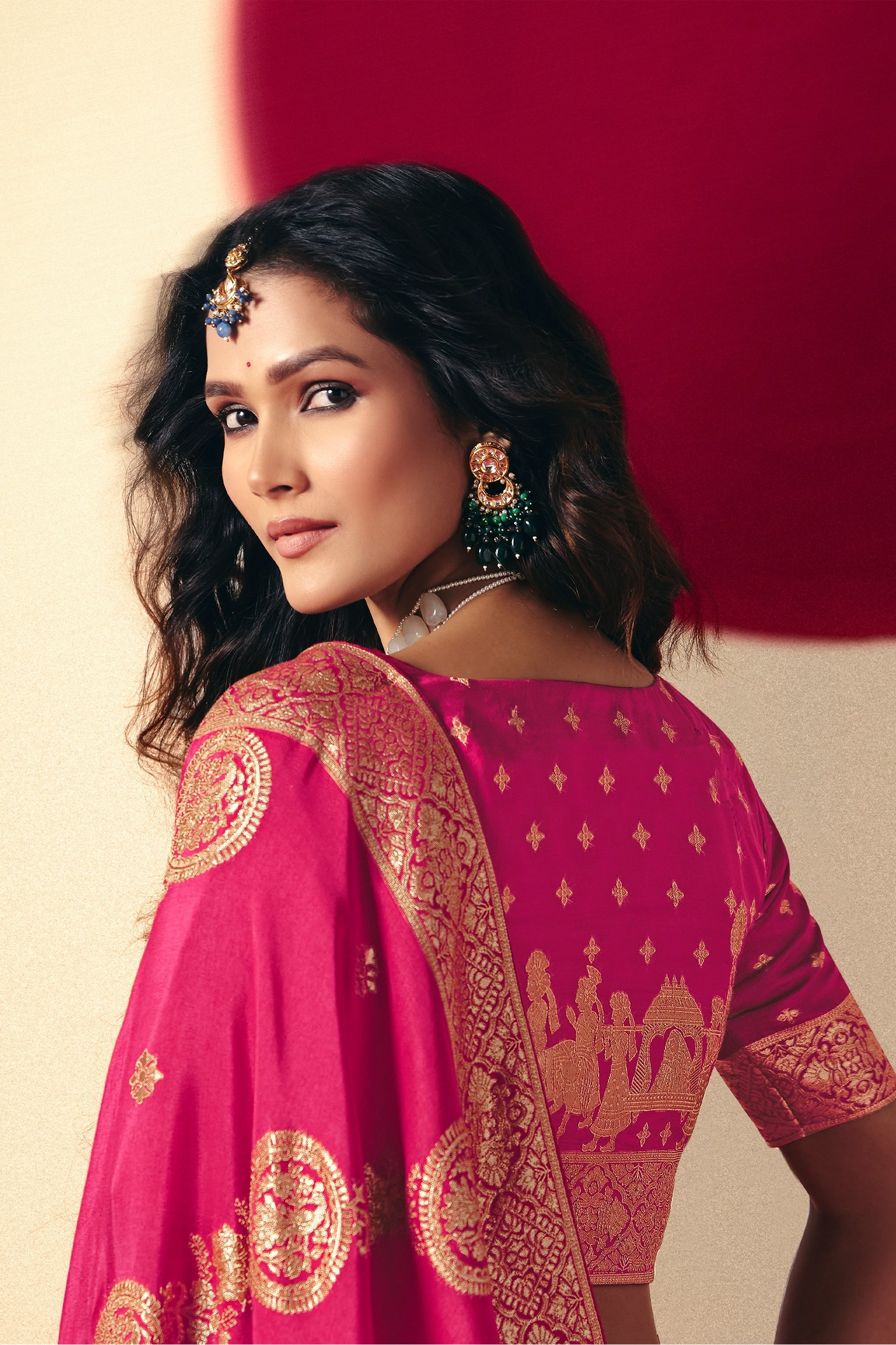 Rani Pink Woven Viscose Silk Saree With Brocade Blouse-SAR10247_3_SareeButa.com