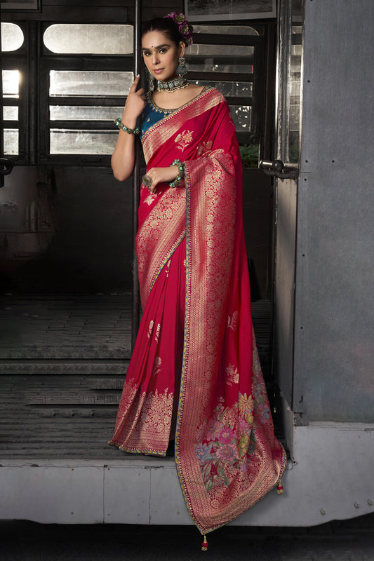 Rani Pink Woven Viscose Silk Saree With Lace Border-ZB134661_1_SareeButa.com