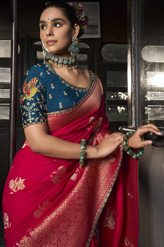 Rani Pink Woven Viscose Silk Saree With Lace Border-ZB134661_2_SareeButa.com