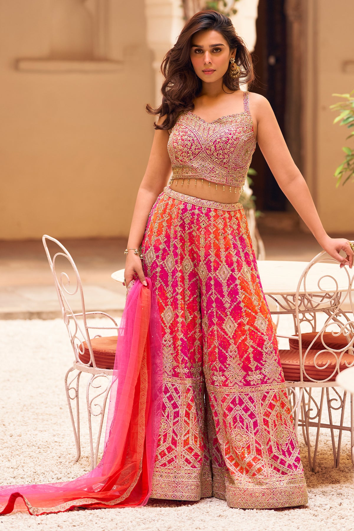 Rani Pink with Coral Readymade Chinon Palazzo Set with Dupatta-SAR13541_1_SareeButa.com