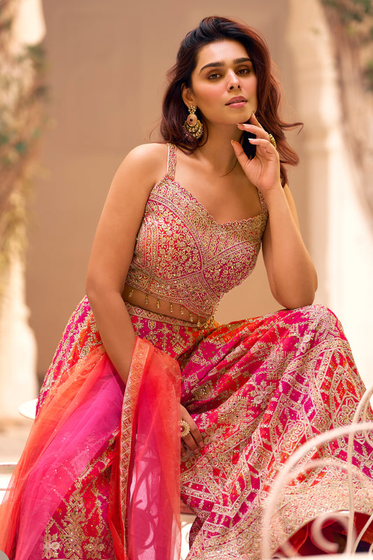 Rani Pink with Coral Readymade Chinon Palazzo Set with Dupatta-SAR13541_2_SareeButa.com