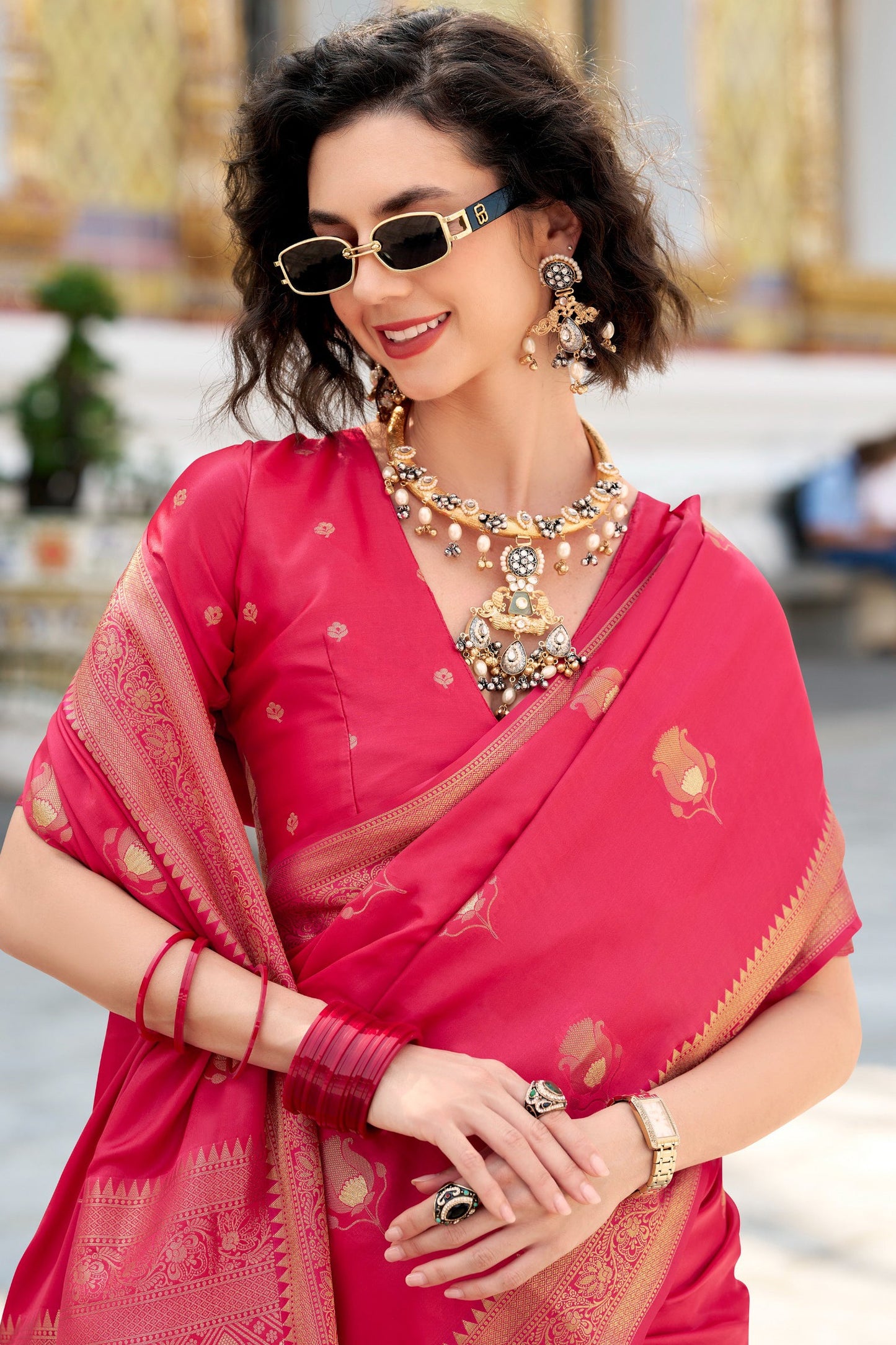 Raspberry Pink Woven Satin Silk Saree-ZB134725_2_SareeButa.com