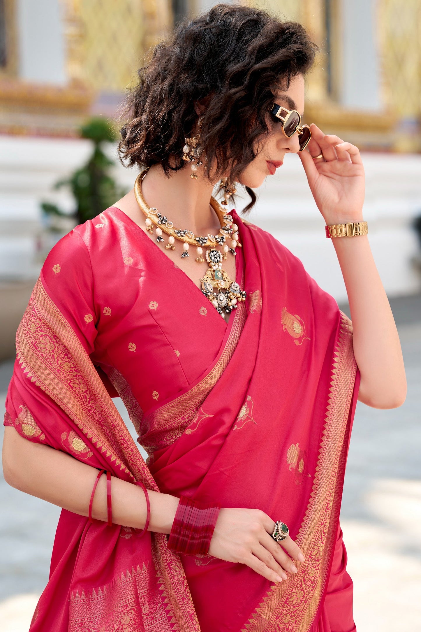 Raspberry Pink Woven Satin Silk Saree-ZB134725_4_SareeButa.com