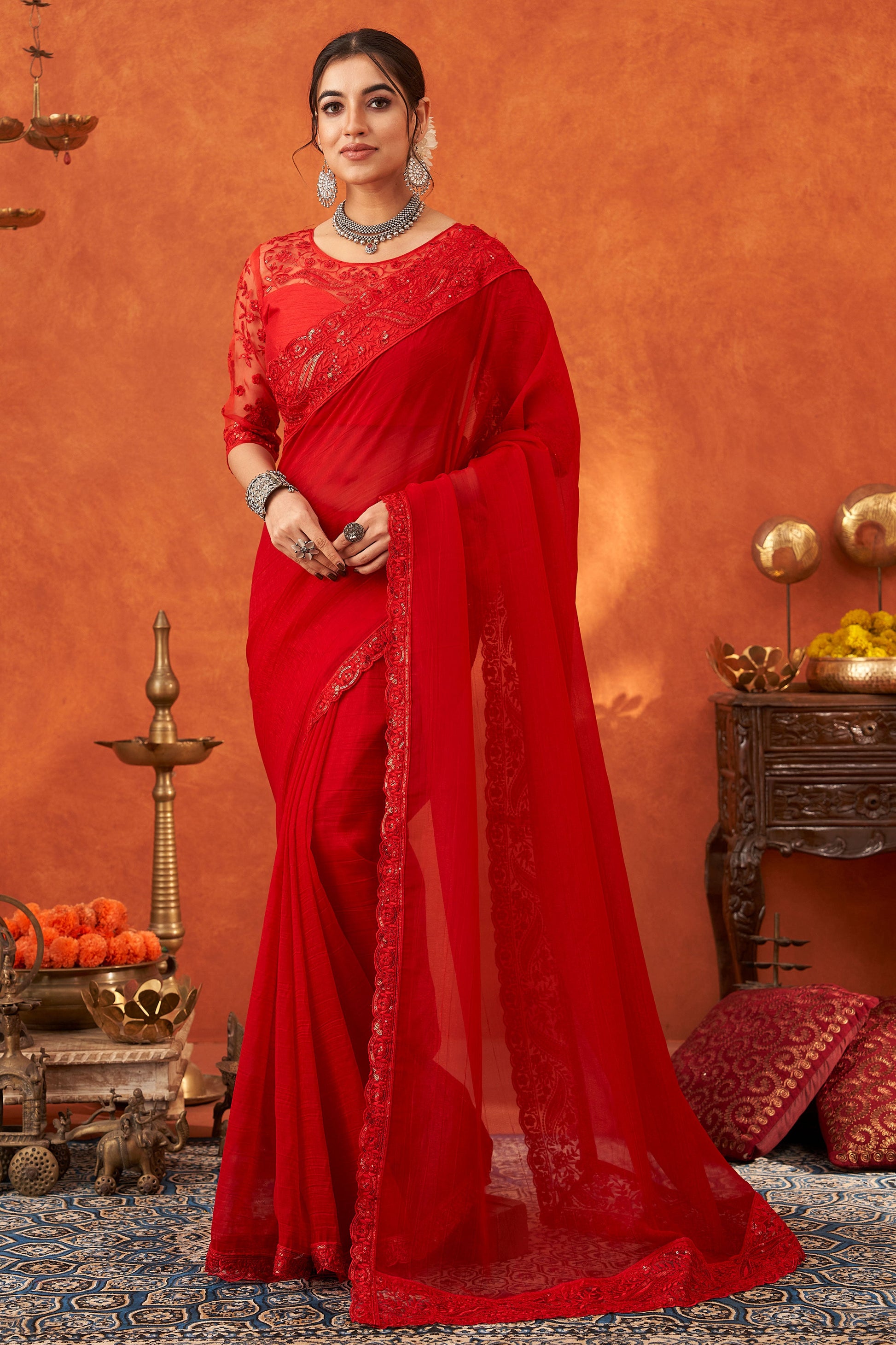 Red Embroidered Chiffon Saree-ZB133036_1_SareeButa.com