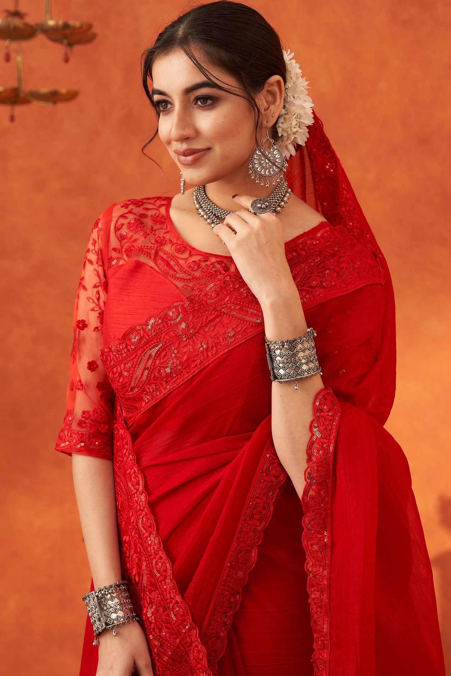 Red Embroidered Chiffon Saree-ZB133036_2_SareeButa.com