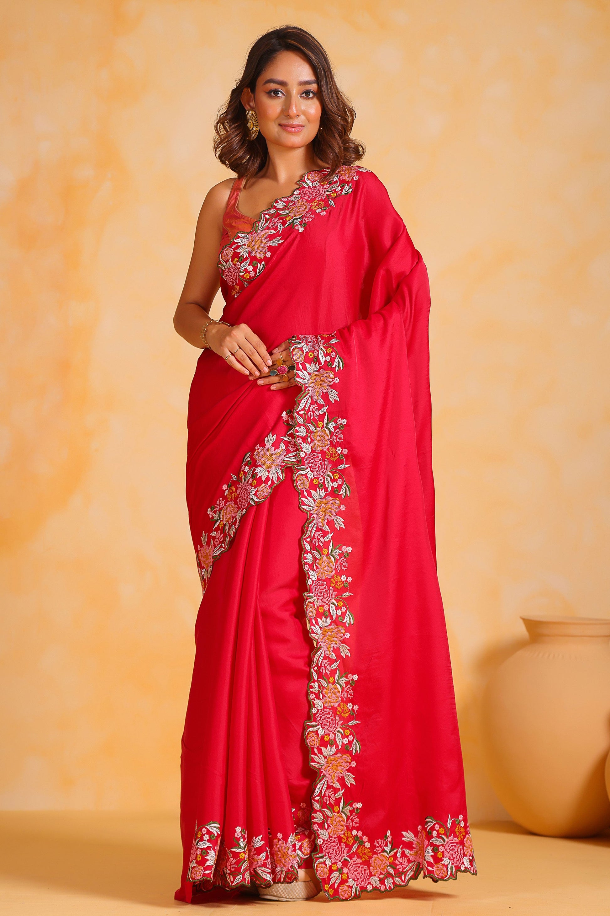 Red Embroidered Tussar Silk Saree-ZB131387_1