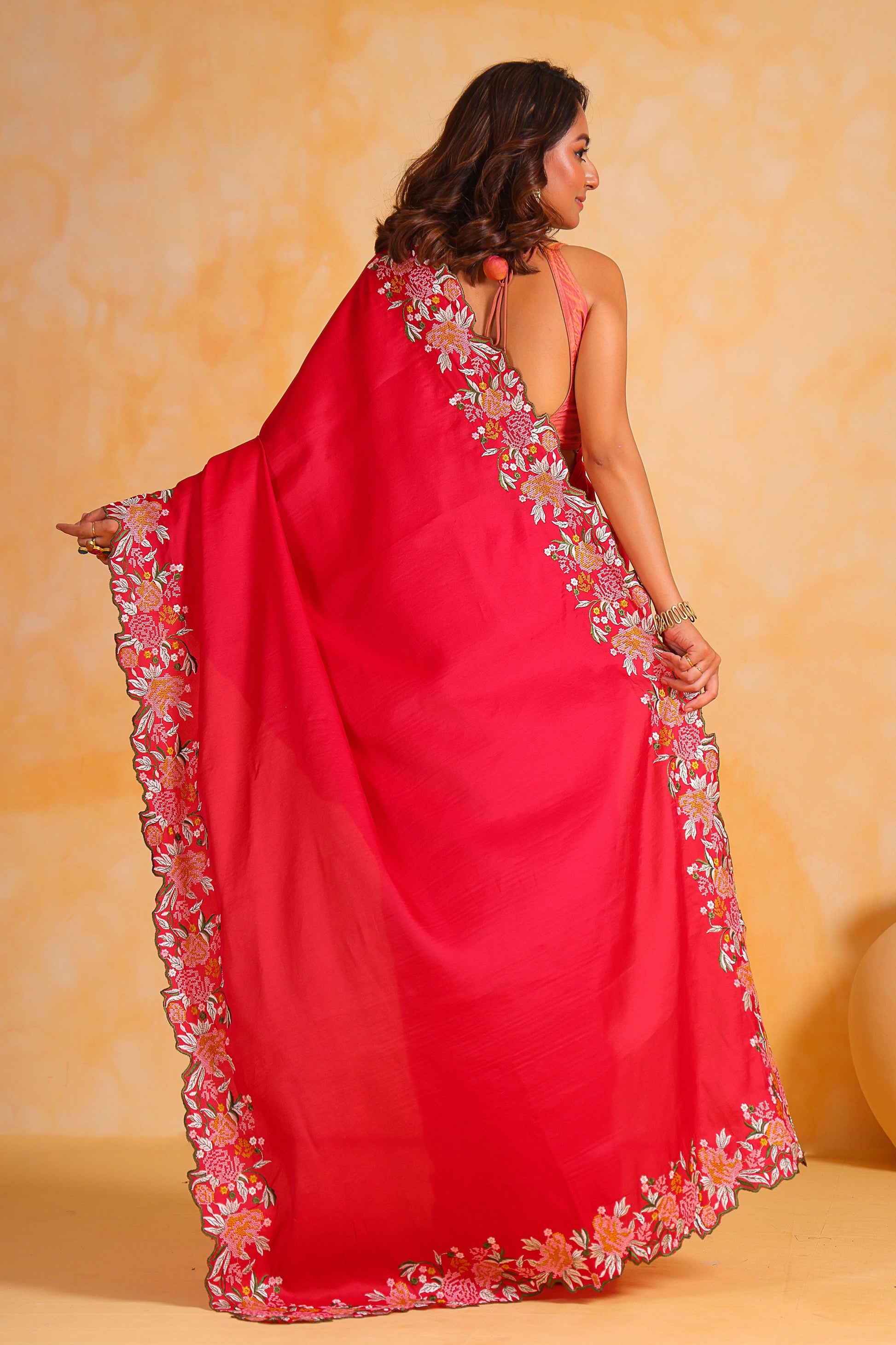 Red Embroidered Tussar Silk Saree-ZB131387_2