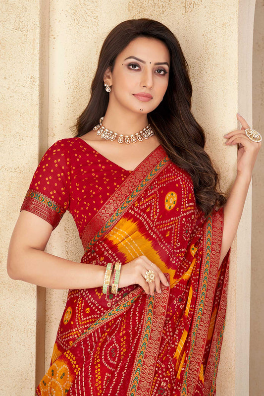 Red Printed Chiffon Bandhani Saree-ZB134679_2_SareeButa.com