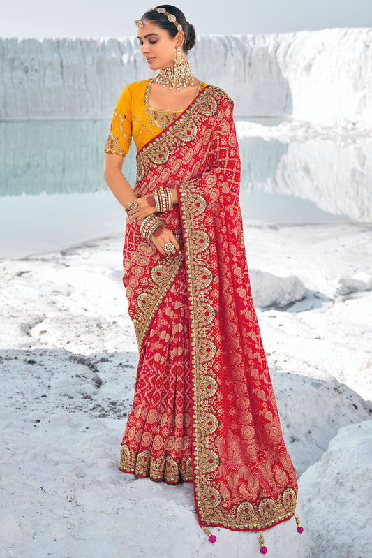 Red Pure Georgette Patola Bandhani Fusion Saree-ZB133226_1_SareeButa.com