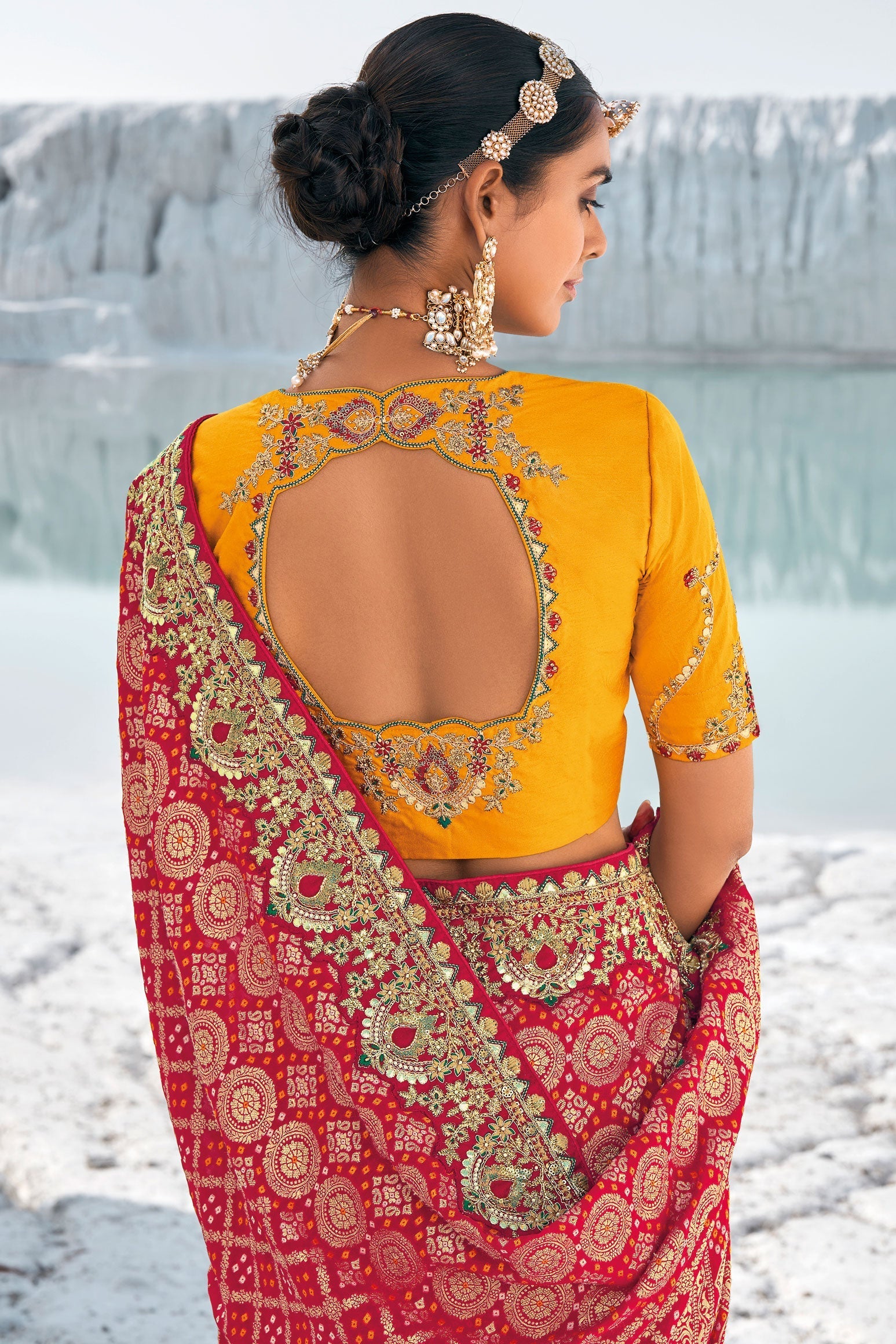 Red Pure Georgette Patola Bandhani Fusion Saree-ZB133226_2_SareeButa.com