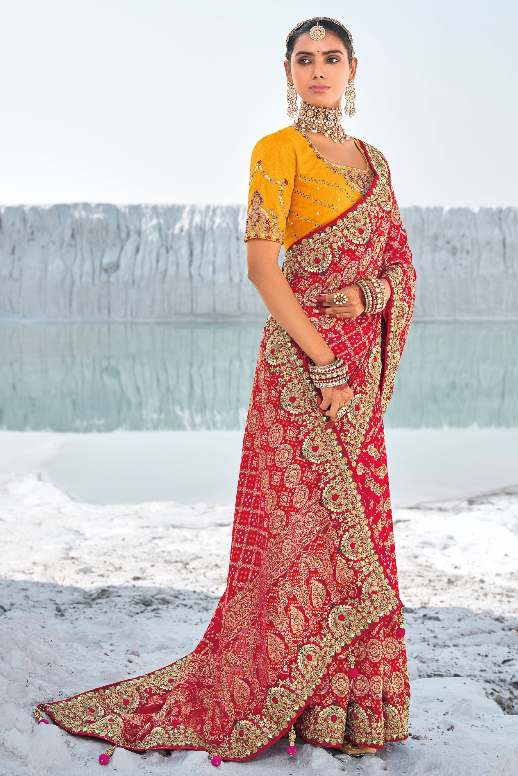 Red Pure Georgette Patola Bandhani Fusion Saree-ZB133226_3_SareeButa.com