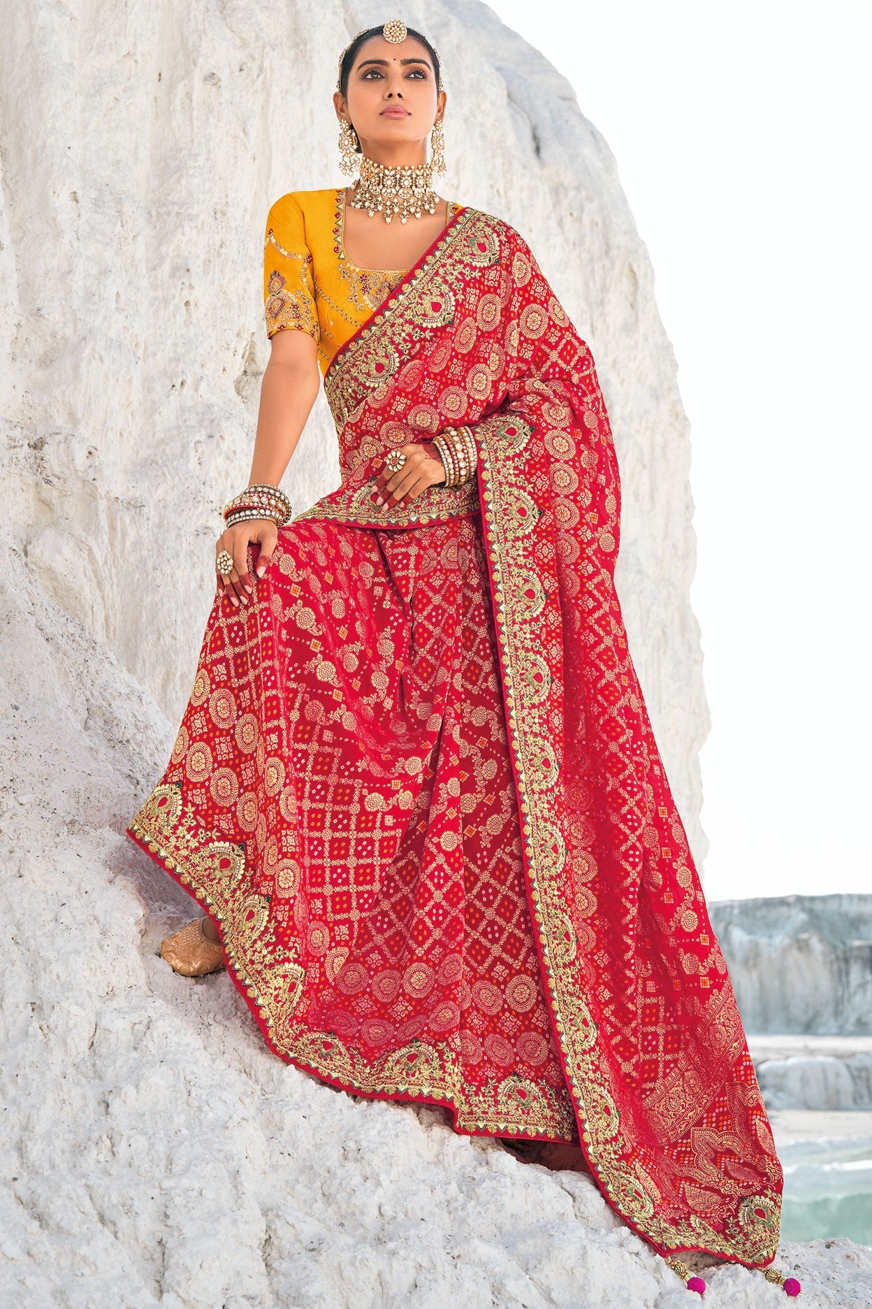 Red Pure Georgette Patola Bandhani Fusion Saree-ZB133226_4_SareeButa.com