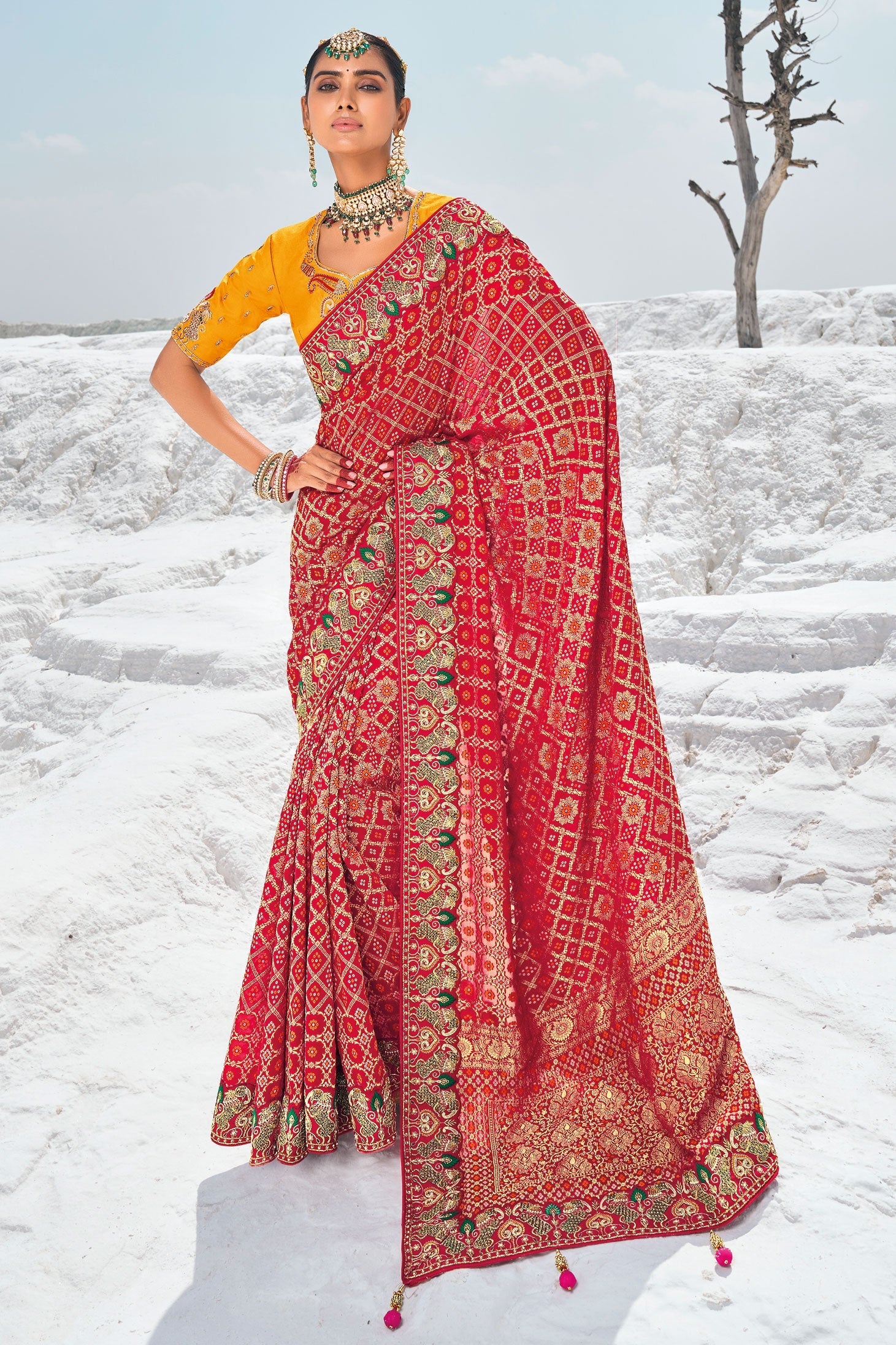 Red Pure Georgette Patola Bandhani Fusion Saree-ZB133229_1_SareeButa.com