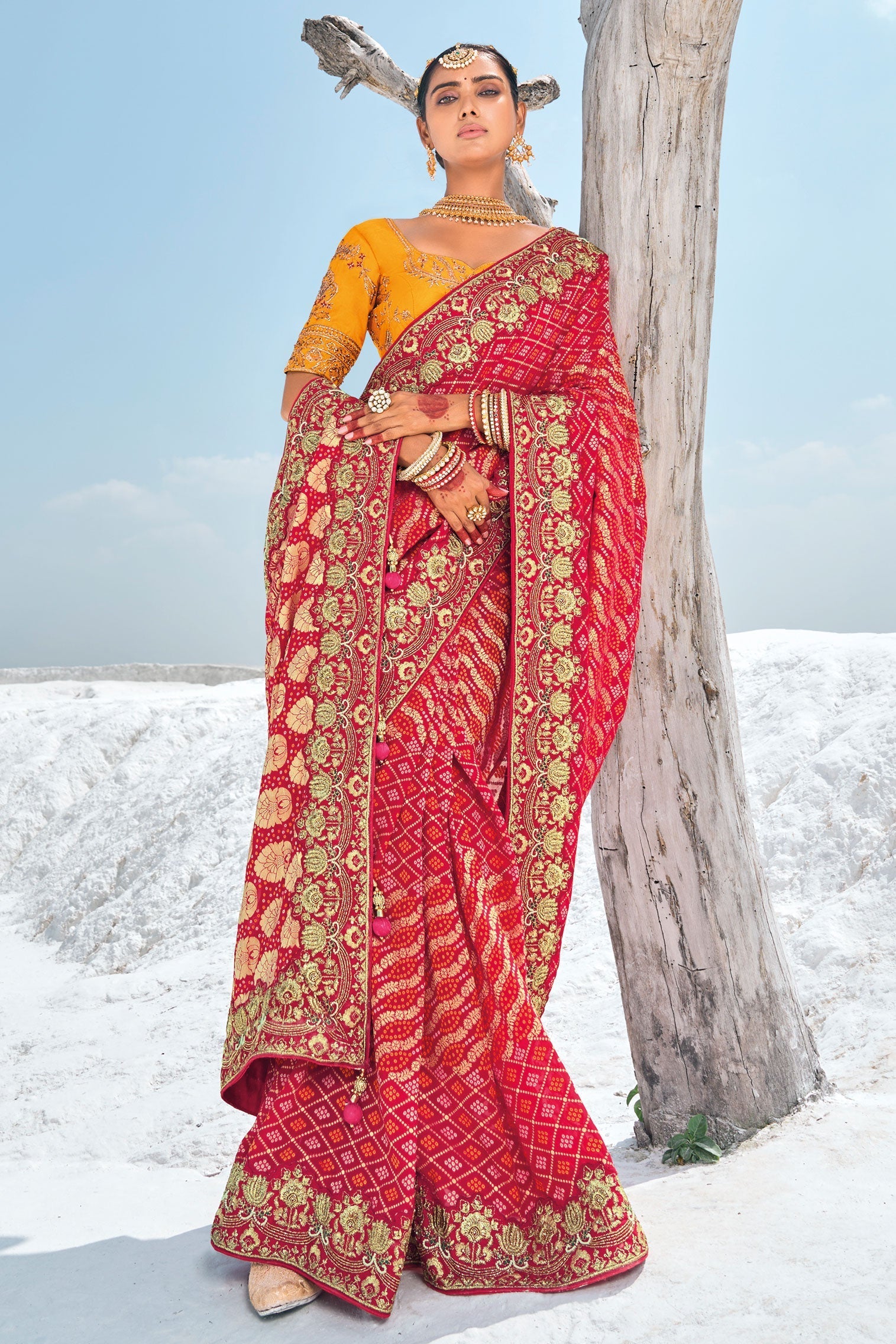 Red Pure Georgette Patola Bandhani Fusion Saree-ZB133234_1_SareeButa.com